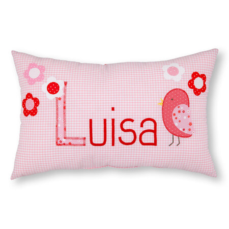 crêpes suzette Namenskissen Luisa I Vogel und Blumen I Rosa kariert I mit Wunschnamen