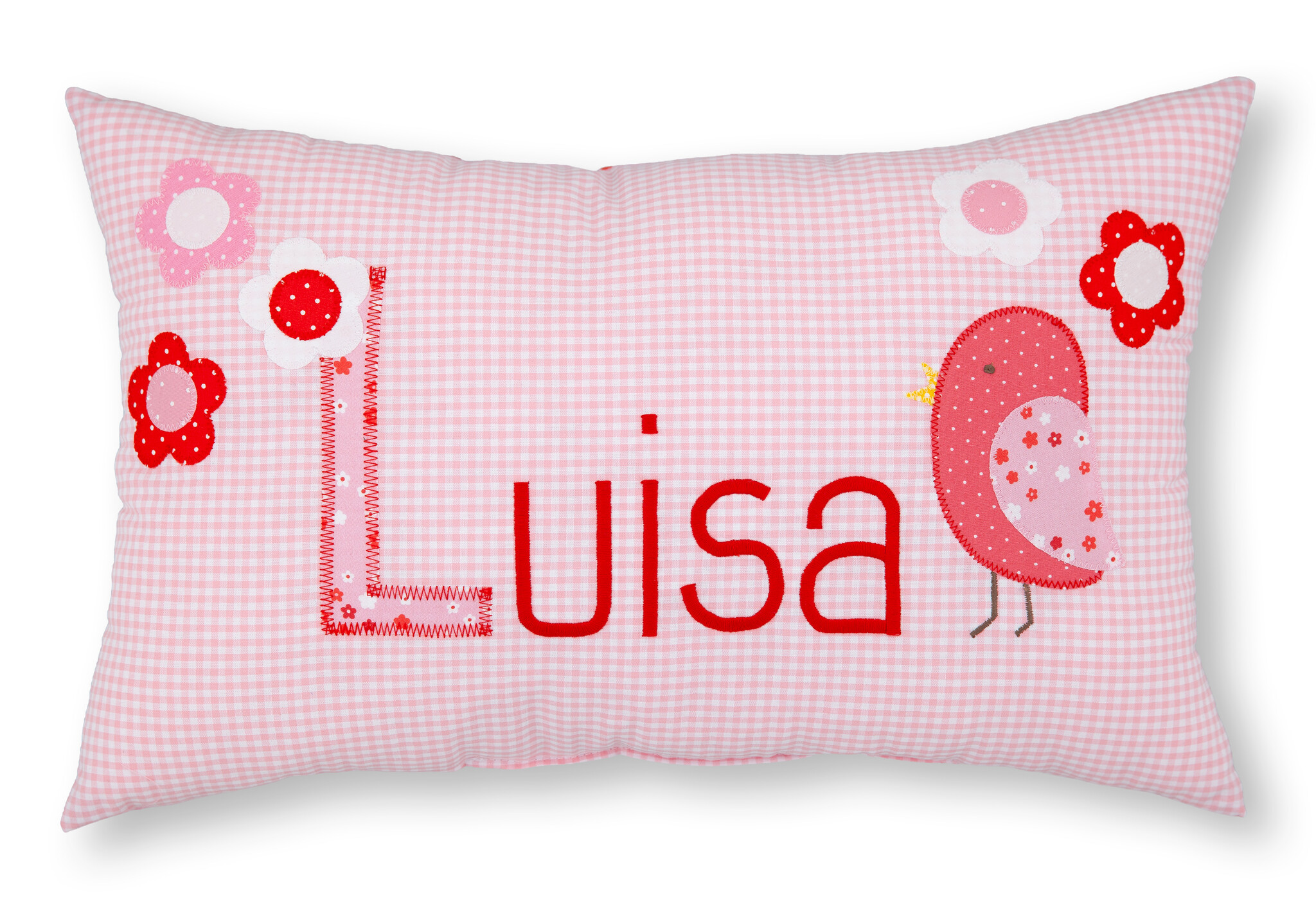 crêpes suzette Personalisiertes Namenskissen in rosa kariert mit Vogel und Blumen I Geschenk zur Geburt, Taufe oder Geburtstag