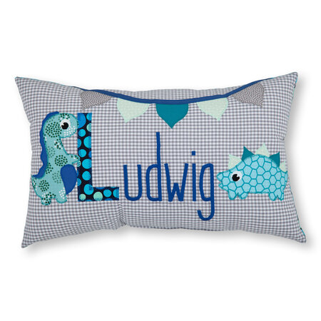 crêpes suzette Namenskissen I Dinosaurier und Wimpelkette I Grau kariert I mit Wunschnamen