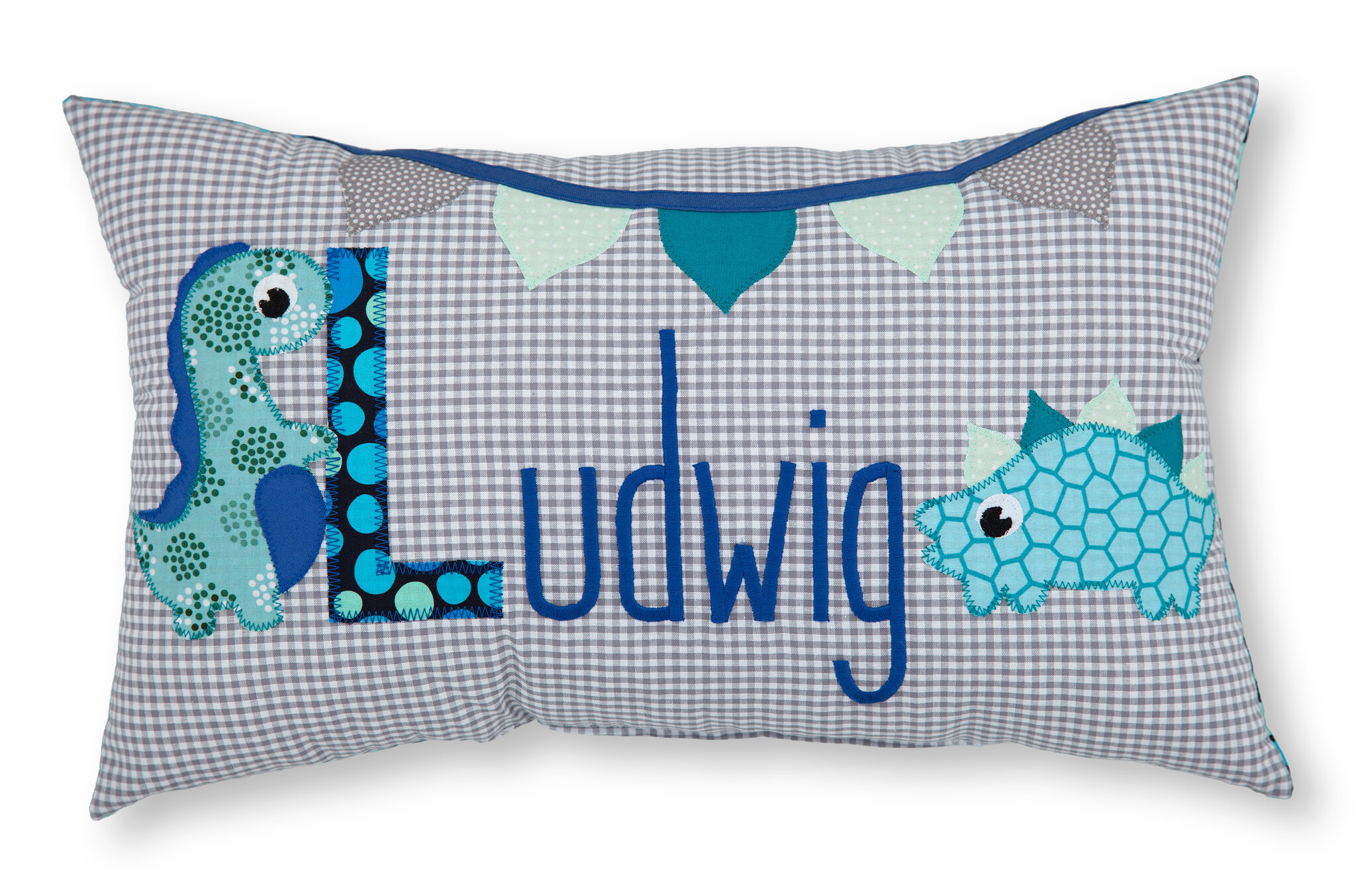 crêpes suzette Personalisiertes Namenskissen in grau kariert mit Dinosaurier und Wimpelkette I Geschenk zur Geburt, Taufe oder Geburtstag