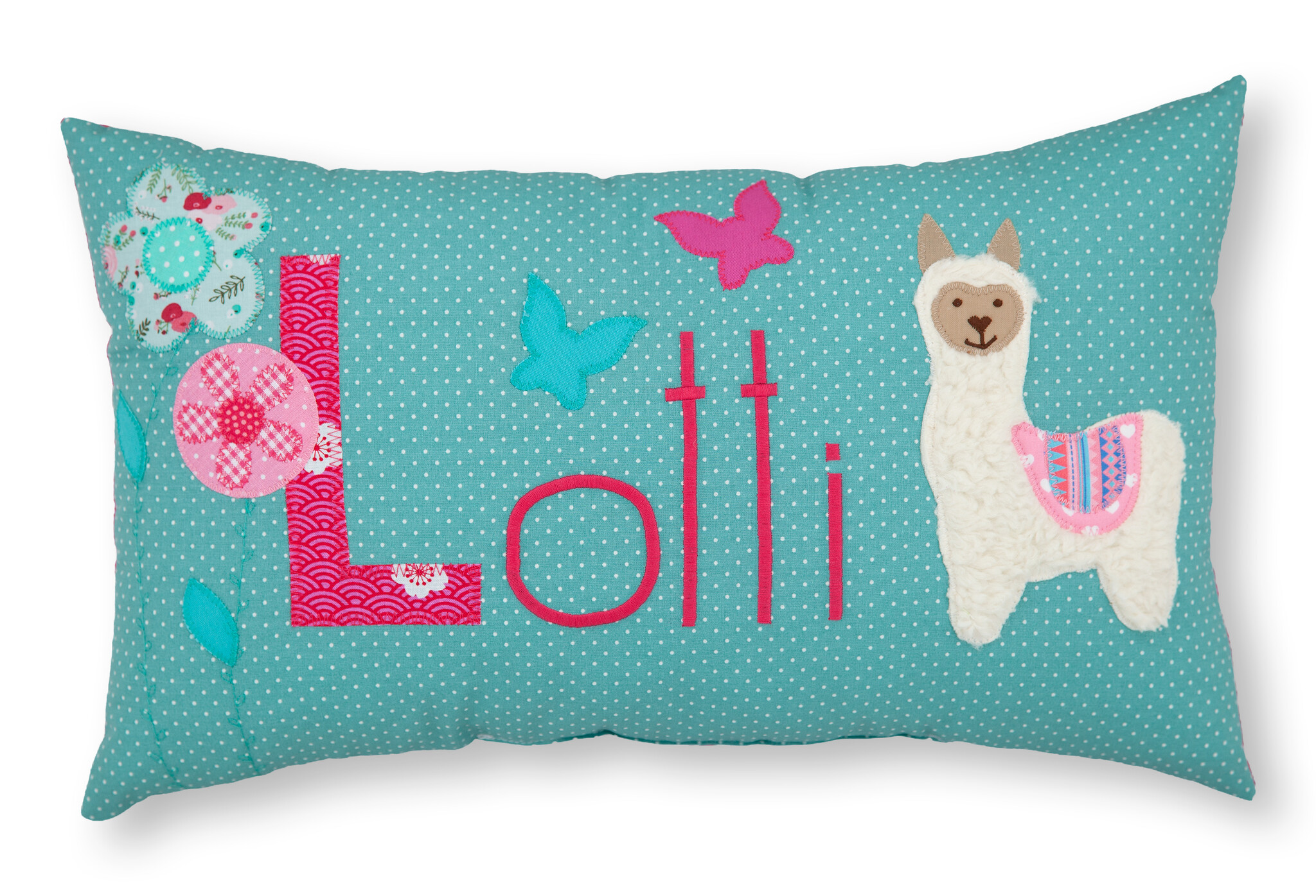 crêpes suzette Personalisiertes Namenskissen in mintgrün mit Lama, Blumen und Schmetterlinge I Geschenk zur Geburt, Taufe oder Geburtstag