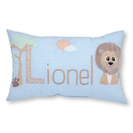 crêpes suzette Namenskissen I Löwe, Baum und Sonne I Hellblau kariert I mit Wunschnamen