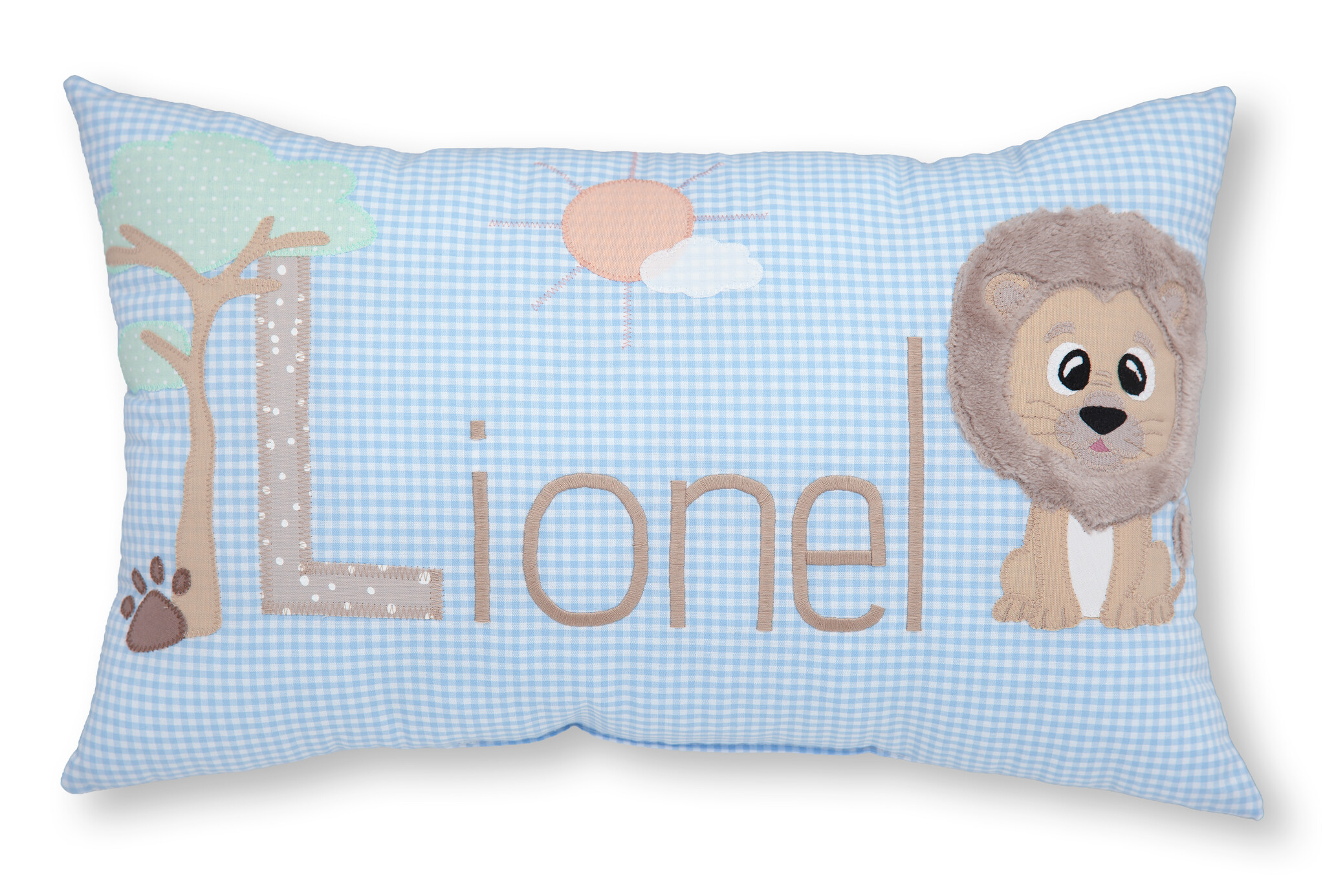 crêpes suzette Personalisiertes Namenskissen in hellblau kariert mit Löwe, Baum und Sonne I Geschenk zur Geburt, Taufe oder Geburtstag