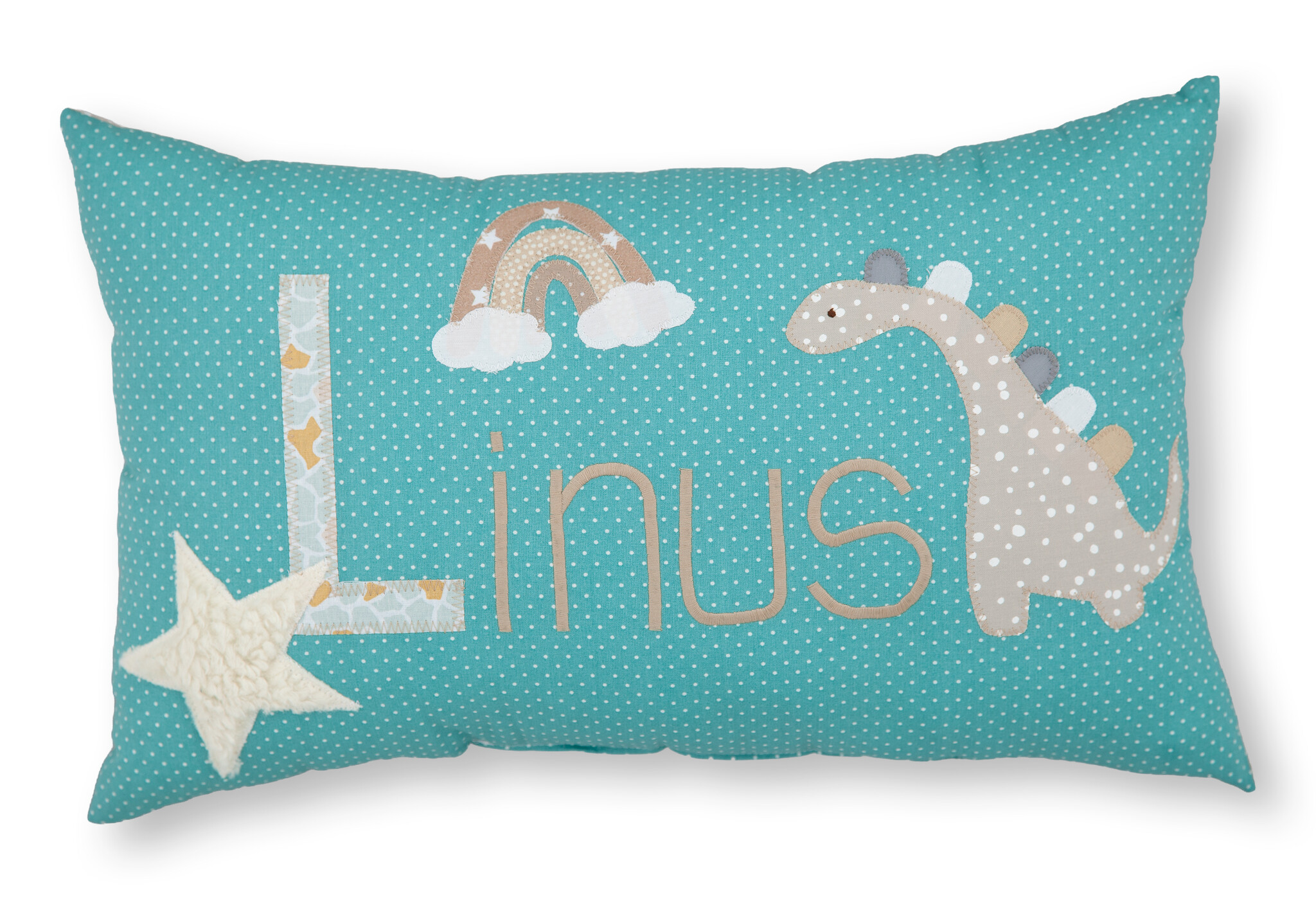 crêpes suzette Personalisiertes Namenskissen in türkis mit Dinosaurier, Regenbogen und Stern I Geschenk zur Geburt, Taufe oder Geburtstag