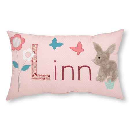 crêpes suzette Namenskissen Linn I Hase, Blumen und Schmetterlinge I Rosa I mit Wunschnamen