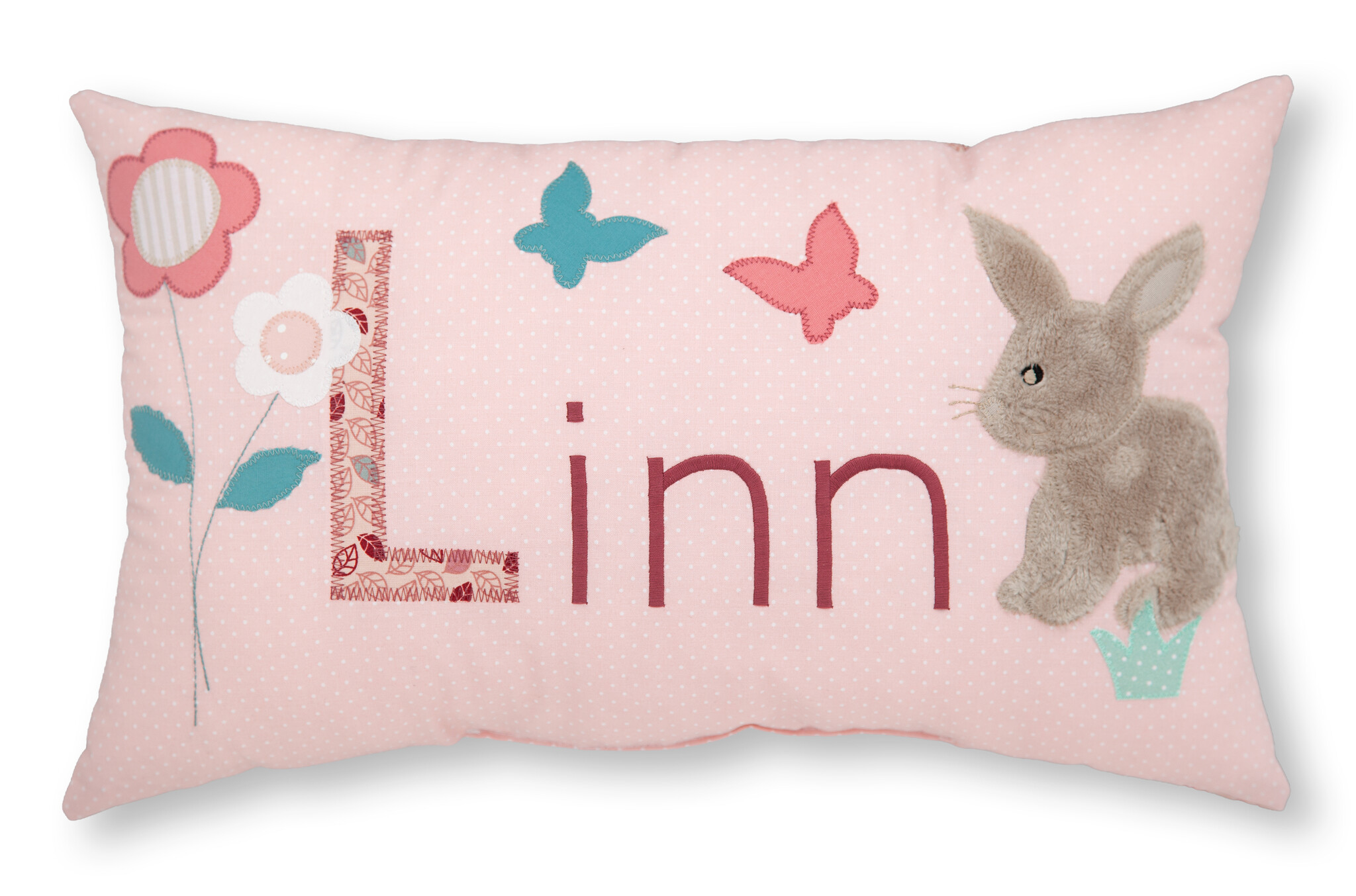 crêpes suzette Personalisiertes Namenskissen in rosa mit Hase, Blumen und Schmetterlingen I Geschenk zur Geburt, Taufe oder Geburtstag