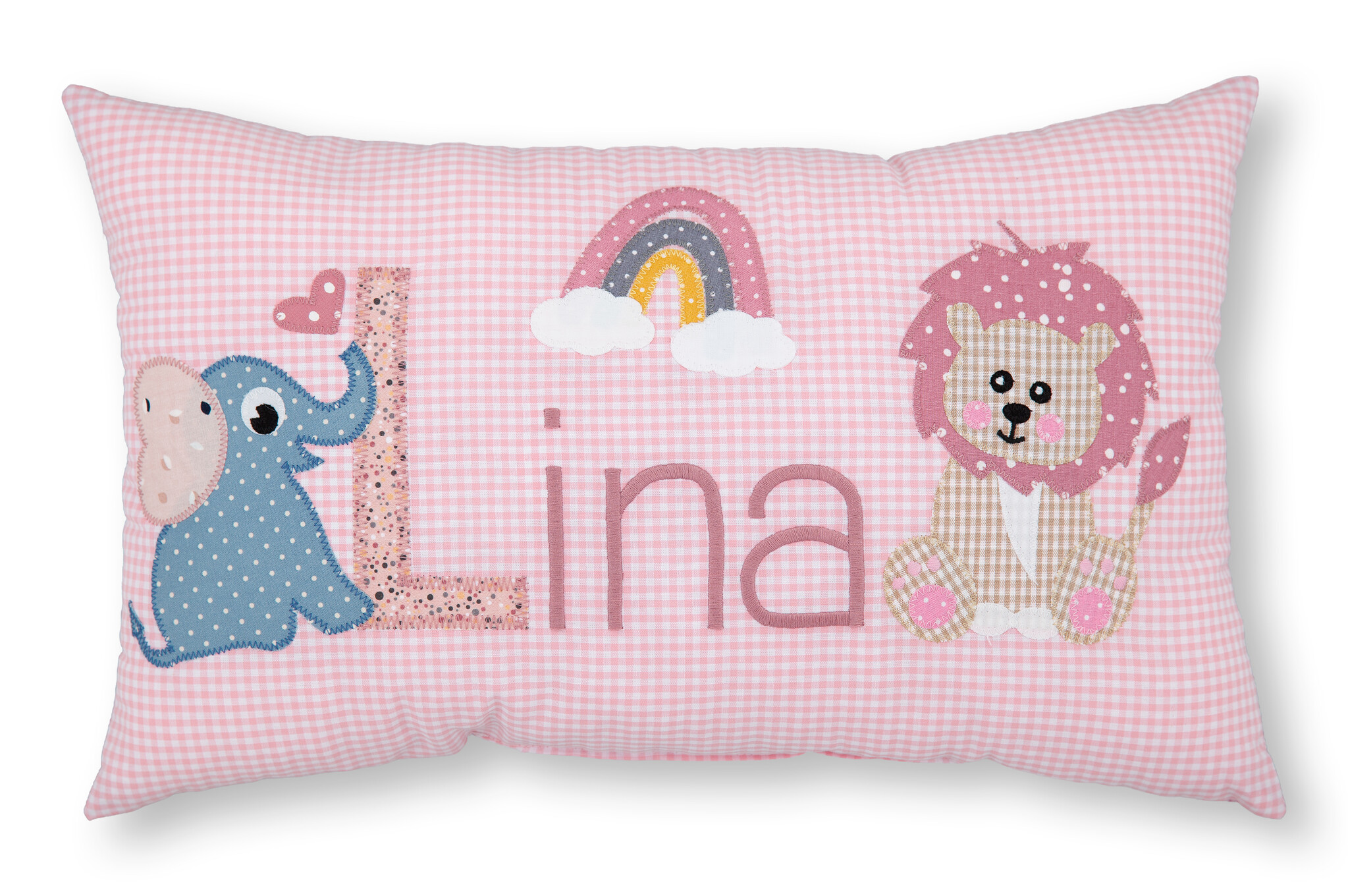 crêpes suzette Personalisiertes Namenskissen in rosa kariert mit Elefant, Regenbogen und Löwe I Geschenk zur Geburt, Taufe oder Geburtstag