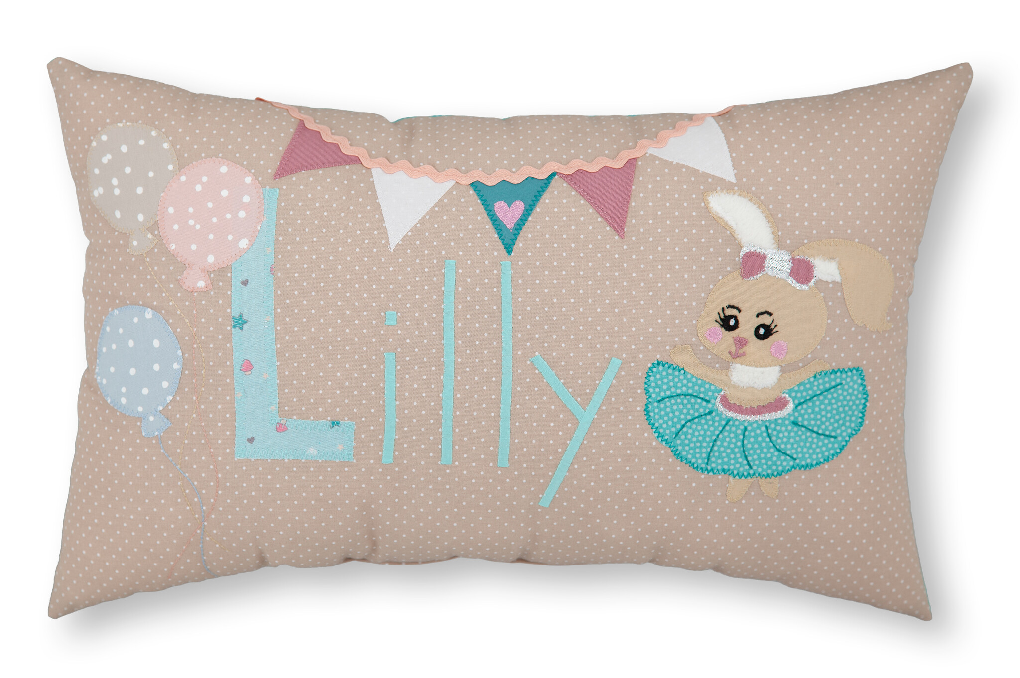 crêpes suzette Personalisiertes Namenskissen in beige mit Ballerina, Ballons und Wimpelkette I Geschenk zur Geburt, Taufe oder Geburtstag