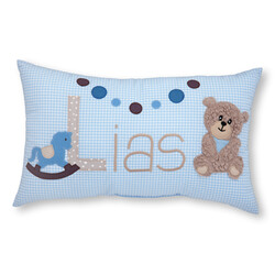 crêpes suzette Namenskissen I Schaukelpferd, Teddy und Girlande I Hellblau kariert I mit Wunschnamen