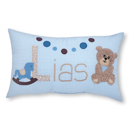 crêpes suzette Namenskissen I Schaukelpferd, Teddy und Girlande I Hellblau kariert I mit Wunschnamen