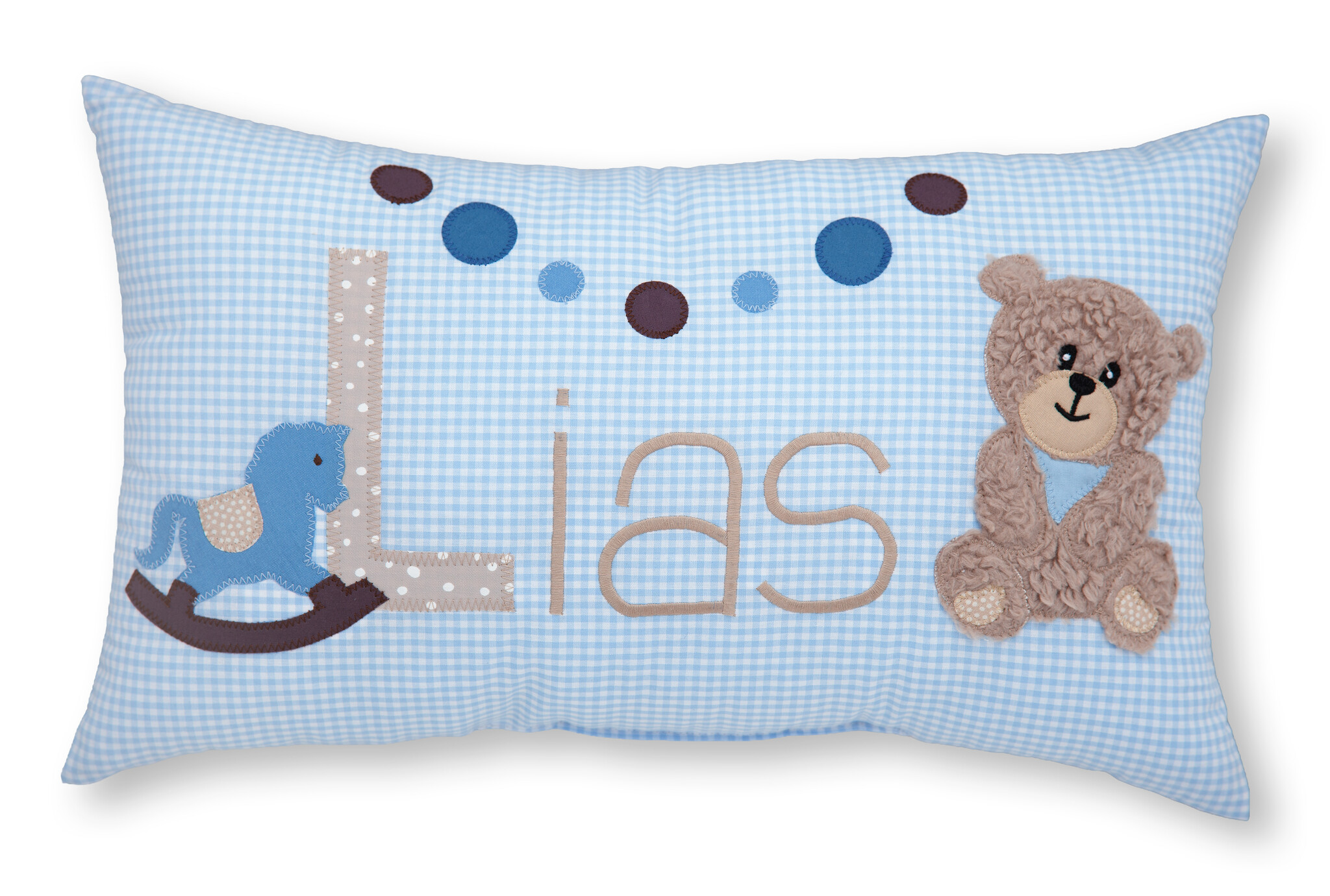 crêpes suzette Personalisiertes Namenskissen in hellblau kariert mit Schaukelpferd, Teddy und Girlande I Geschenk zur Geburt, Taufe oder Geburtstag