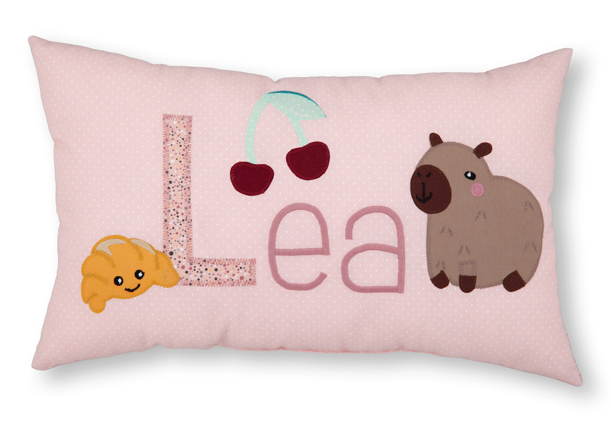 crêpes suzette Personalisiertes Namenskissen in rosa mit Kirschen, Capybara und Croissant I Geschenk zur Geburt, Taufe oder Geburtstag