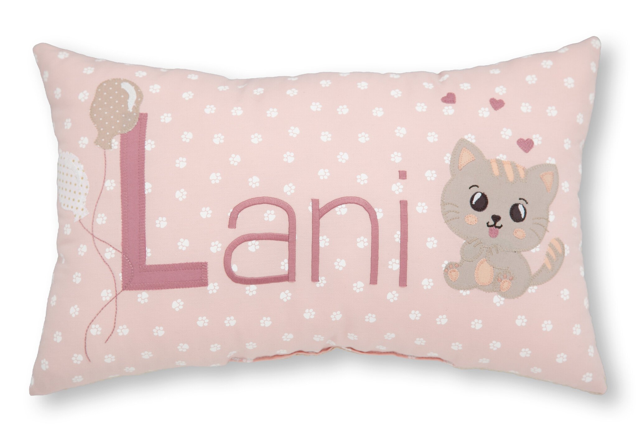 crêpes suzette Personalisiertes Namenskissen in rosa mit weißen Pfötchen, Katze und kleinen Herzen I Geschenk zur Geburt, Taufe oder Geburtstag