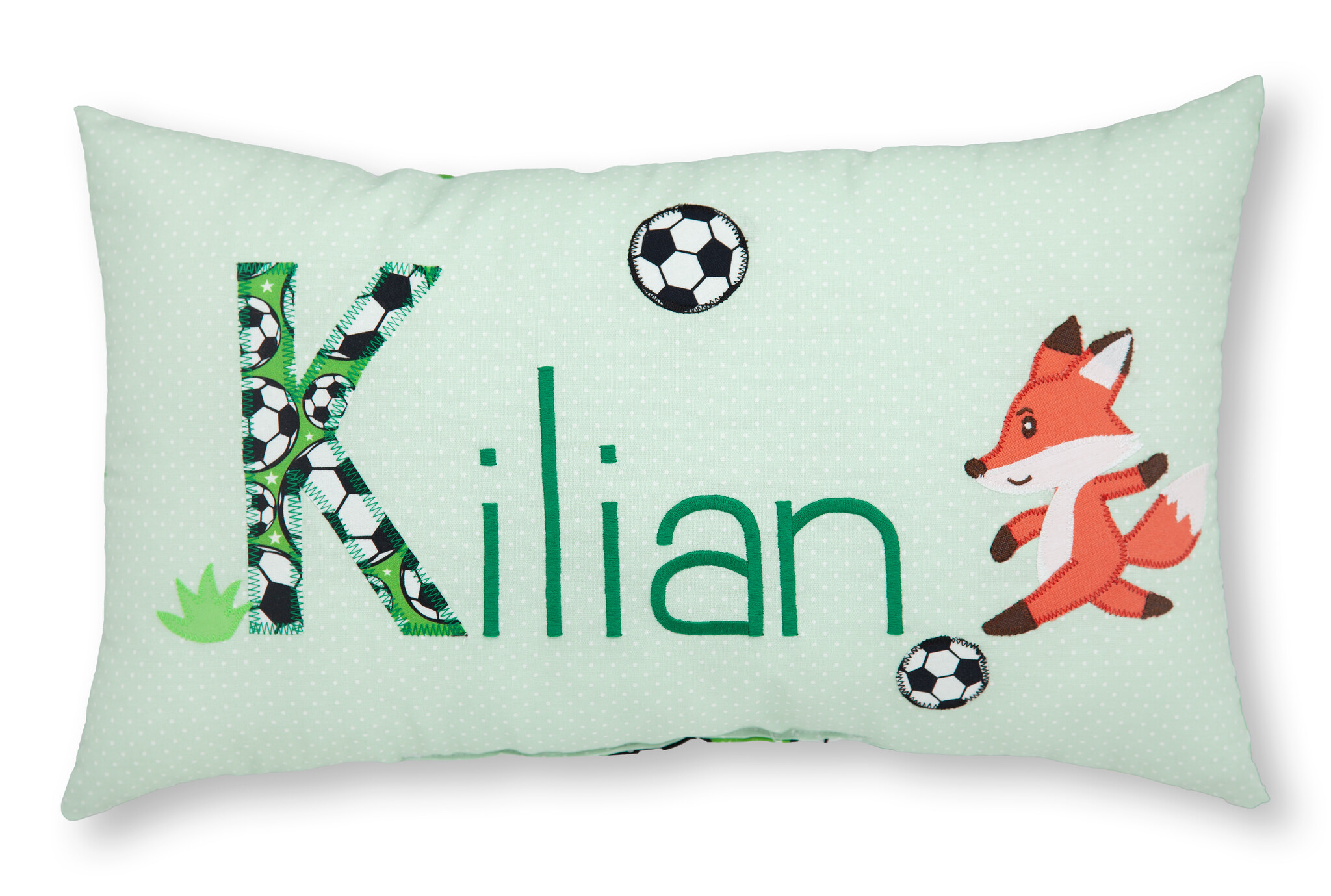 crêpes suzette Personalisiertes Namenskissen in mintgrün mit Fuchs und Fußbällen I Geschenk zur Geburt, Taufe oder Geburtstag