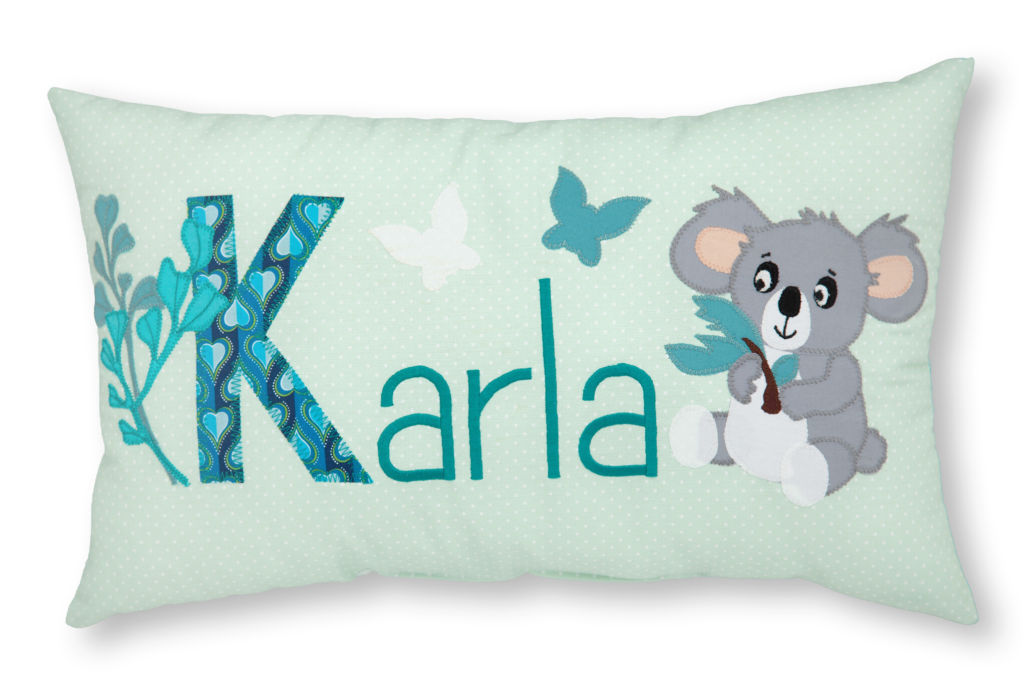 crêpes suzette Personalisiertes Namenskissen in mintgrün mit Koala, Schmetterlingen und Blättern I Geschenk zur Geburt, Taufe oder Geburtstag