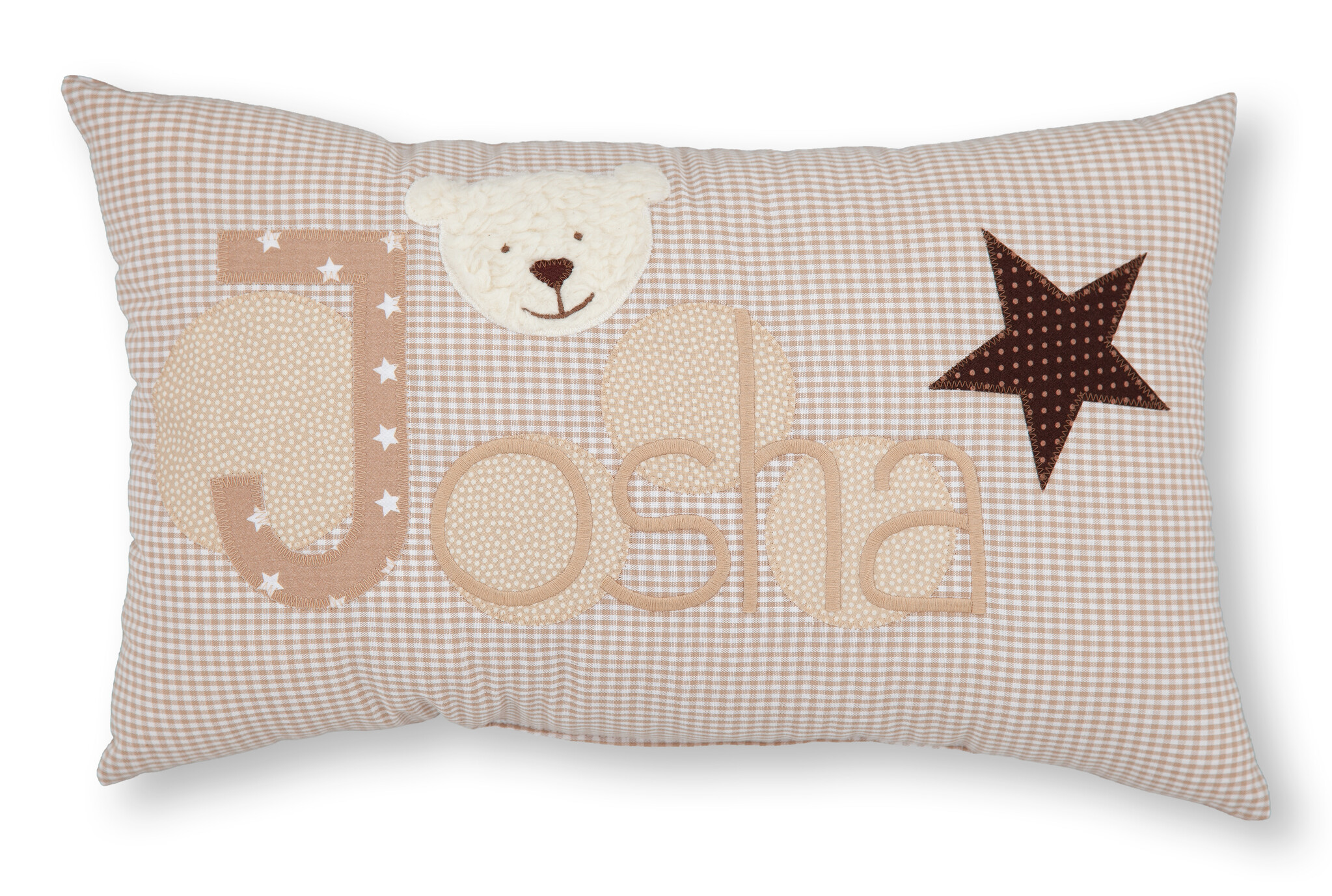 crêpes suzette Personalisiertes Namenskissen in beige kariert mit Bär und Stern I Geschenk zur Geburt, Taufe oder Geburtstag