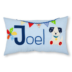 crêpes suzette Namenskissen Hund, Wimpelkette und Windrad I Hellblau kariert I mit Wunschnamen