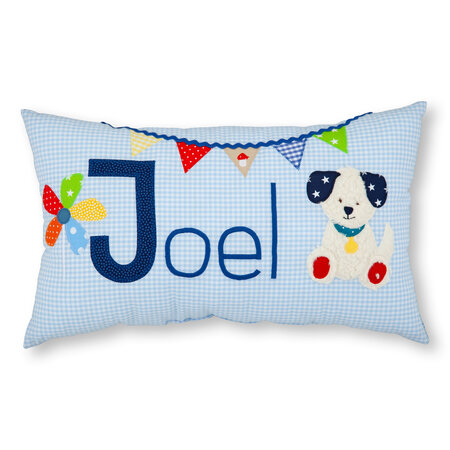 crêpes suzette Namenskissen Hund, Wimpelkette und Windrad I Hellblau kariert I mit Wunschnamen
