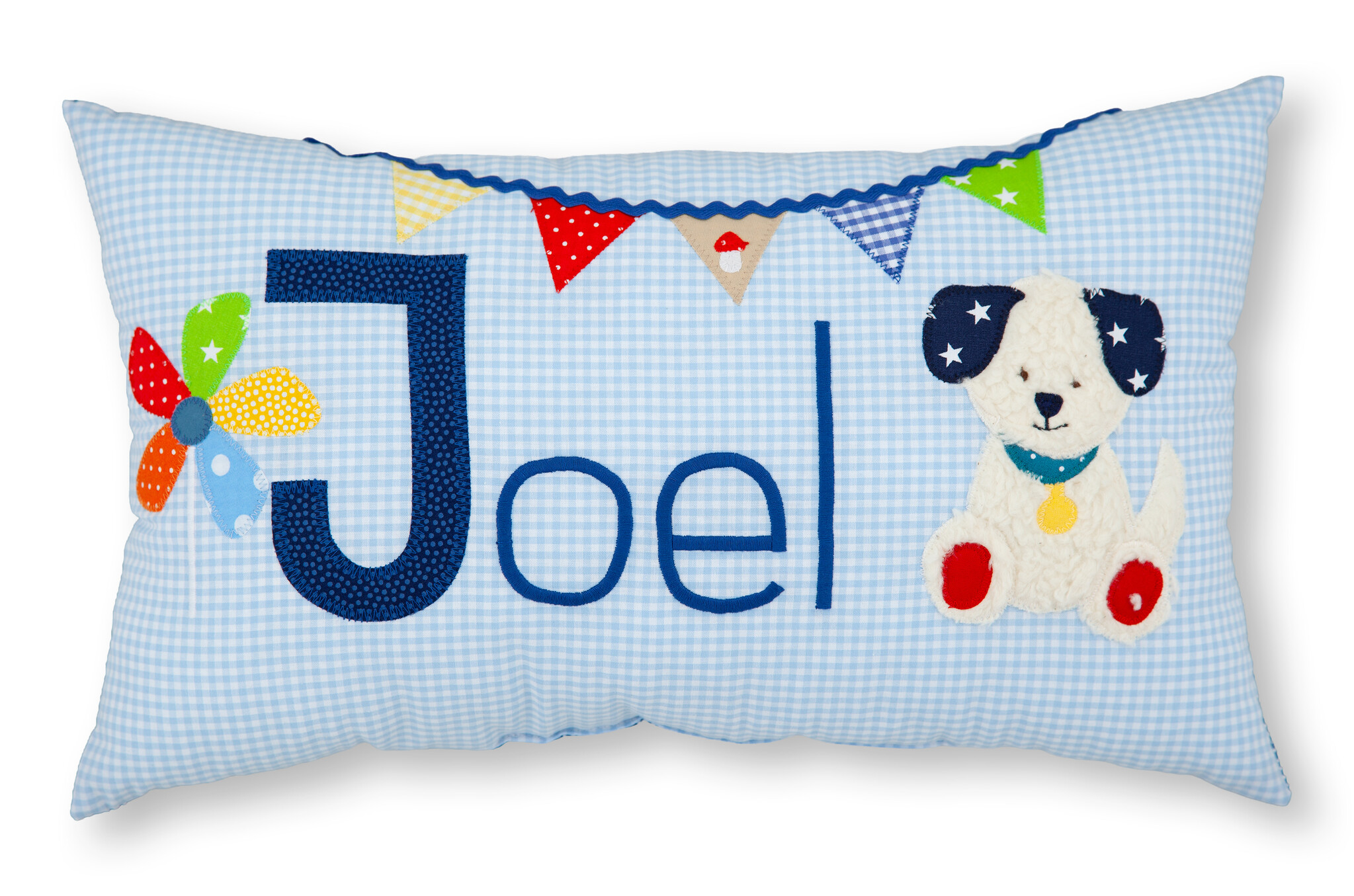 crêpes suzette Personalisiertes Namenskissen in hellblau kariert mit Hund, Wimpelkette und Windrad I Geschenk zur Geburt, Taufe oder Geburtstag