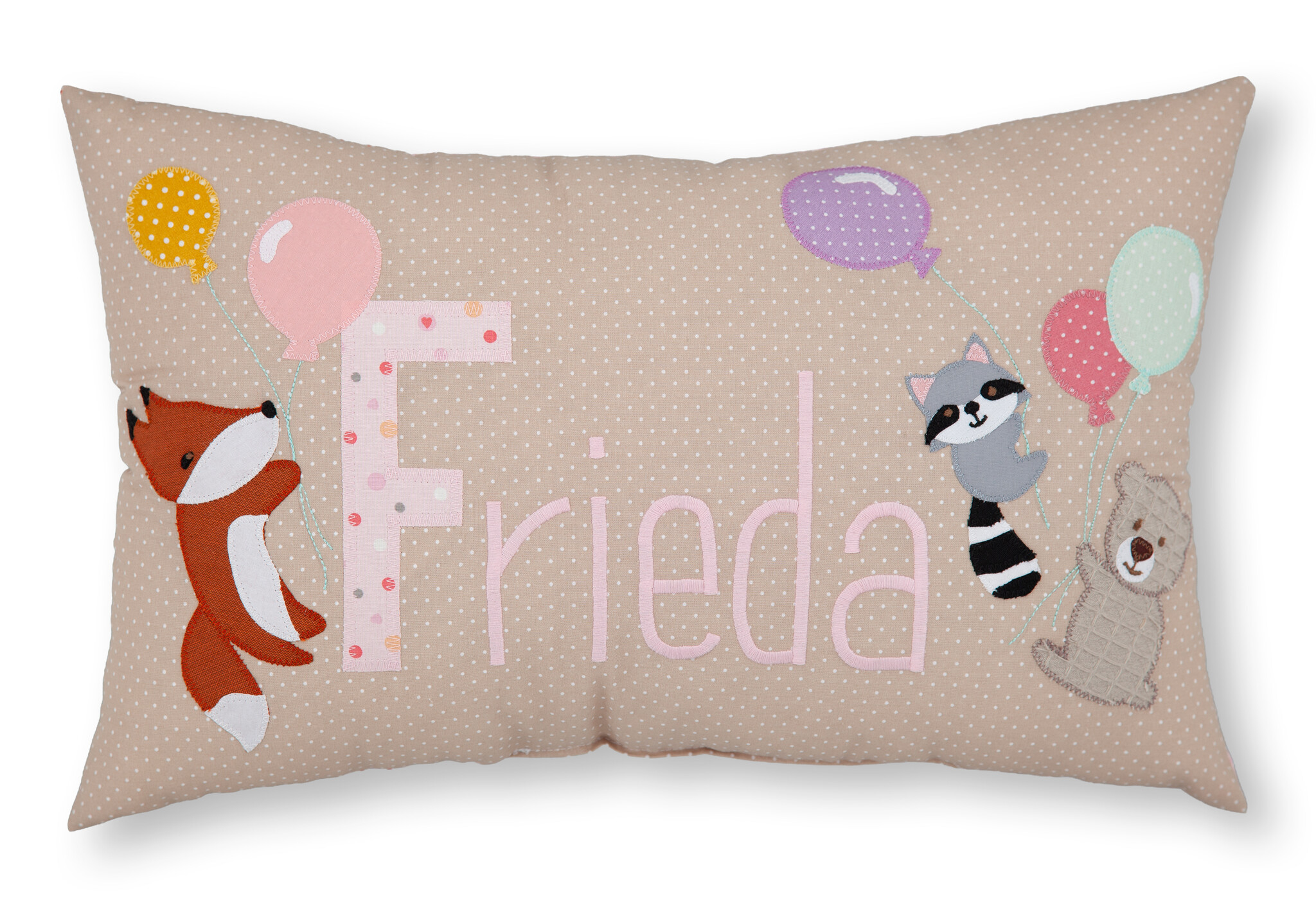 crêpes suzette Personalisiertes Namenskissen in beige mit Fuchs, Waschbär, Teddy und Ballons I Geschenk zur Geburt, Taufe oder Geburtstag