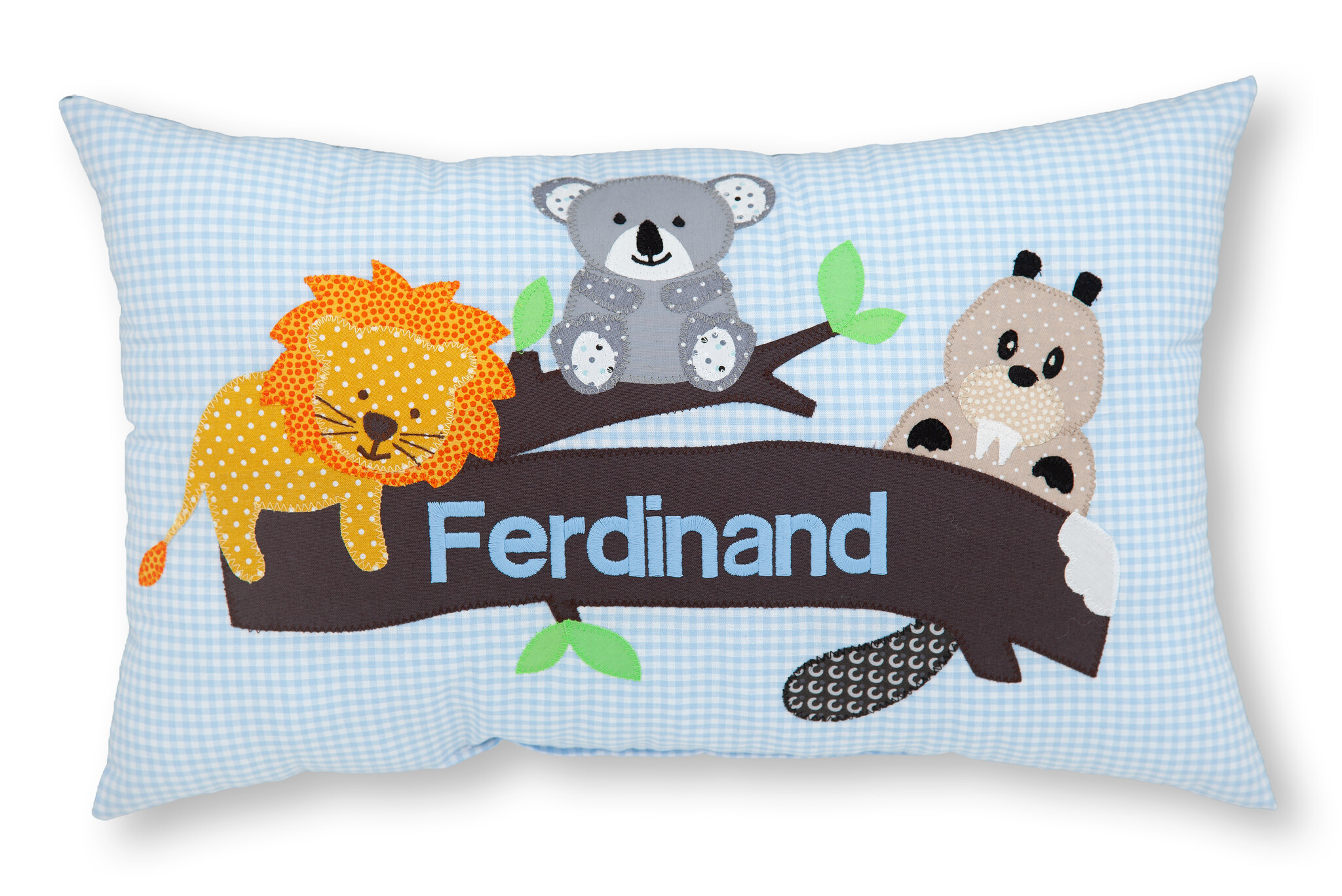 crêpes suzette Personalisiertes Namenskissen in hellblau kariert mit Löwe, Koala und Panda auf einem Ast I Geschenk zur Geburt, Taufe oder Geburtstag