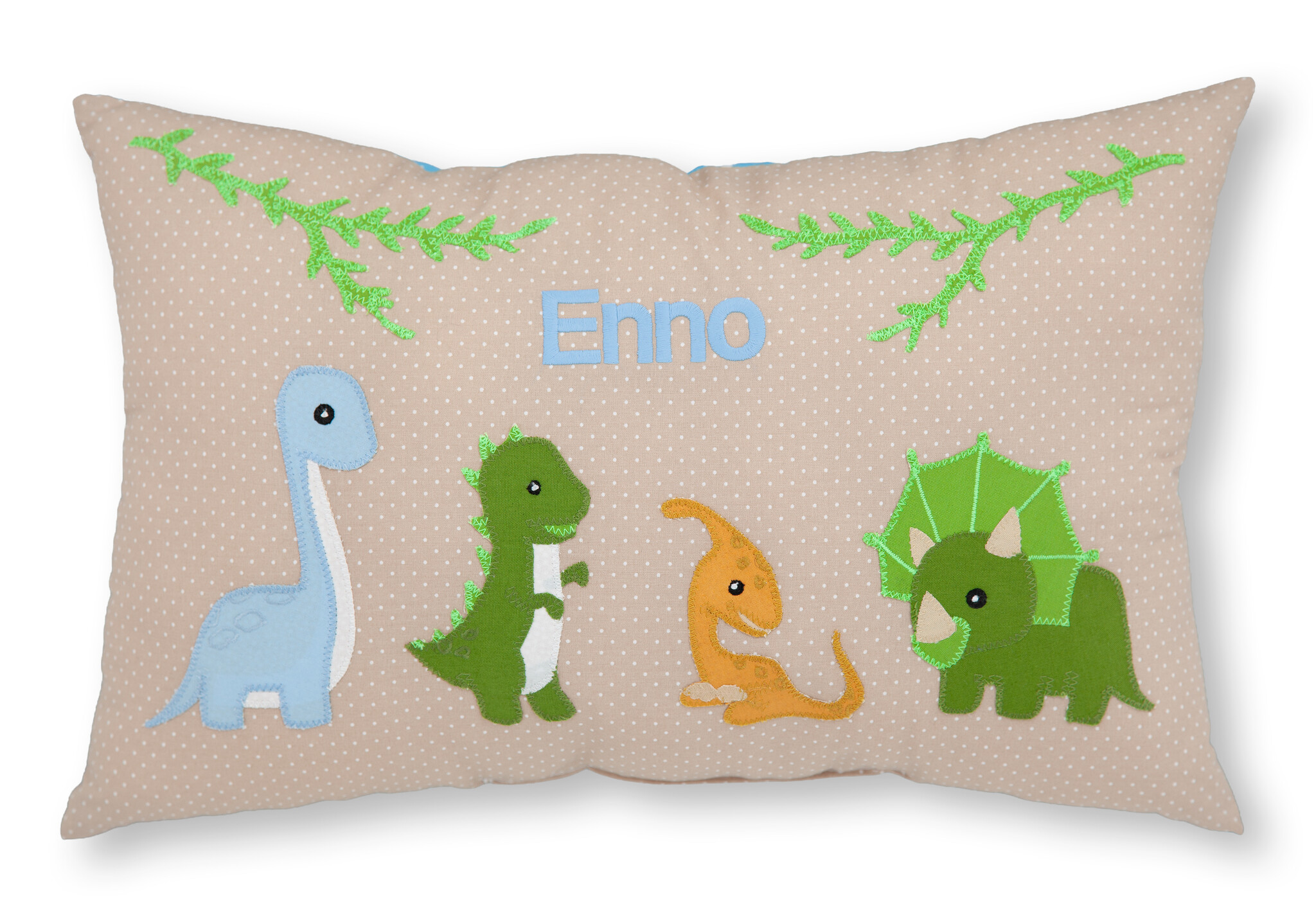 crêpes suzette Personalisiertes Namenskissen in beige mit Dinosauriern und Blätterranken I Geschenk zur Geburt, Taufe oder Geburtstag