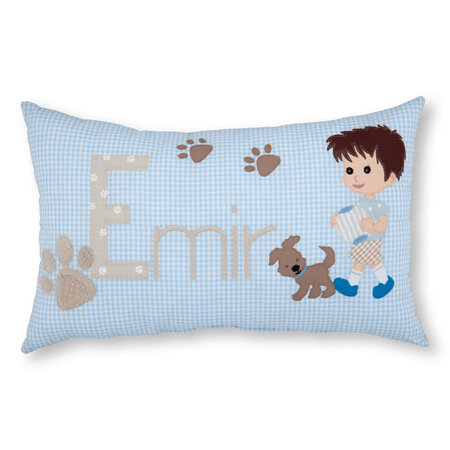 crêpes suzette Namenskissen kleiner Junge, Hund und Pfoten I Hellblau kariert I mit Wunschnamen