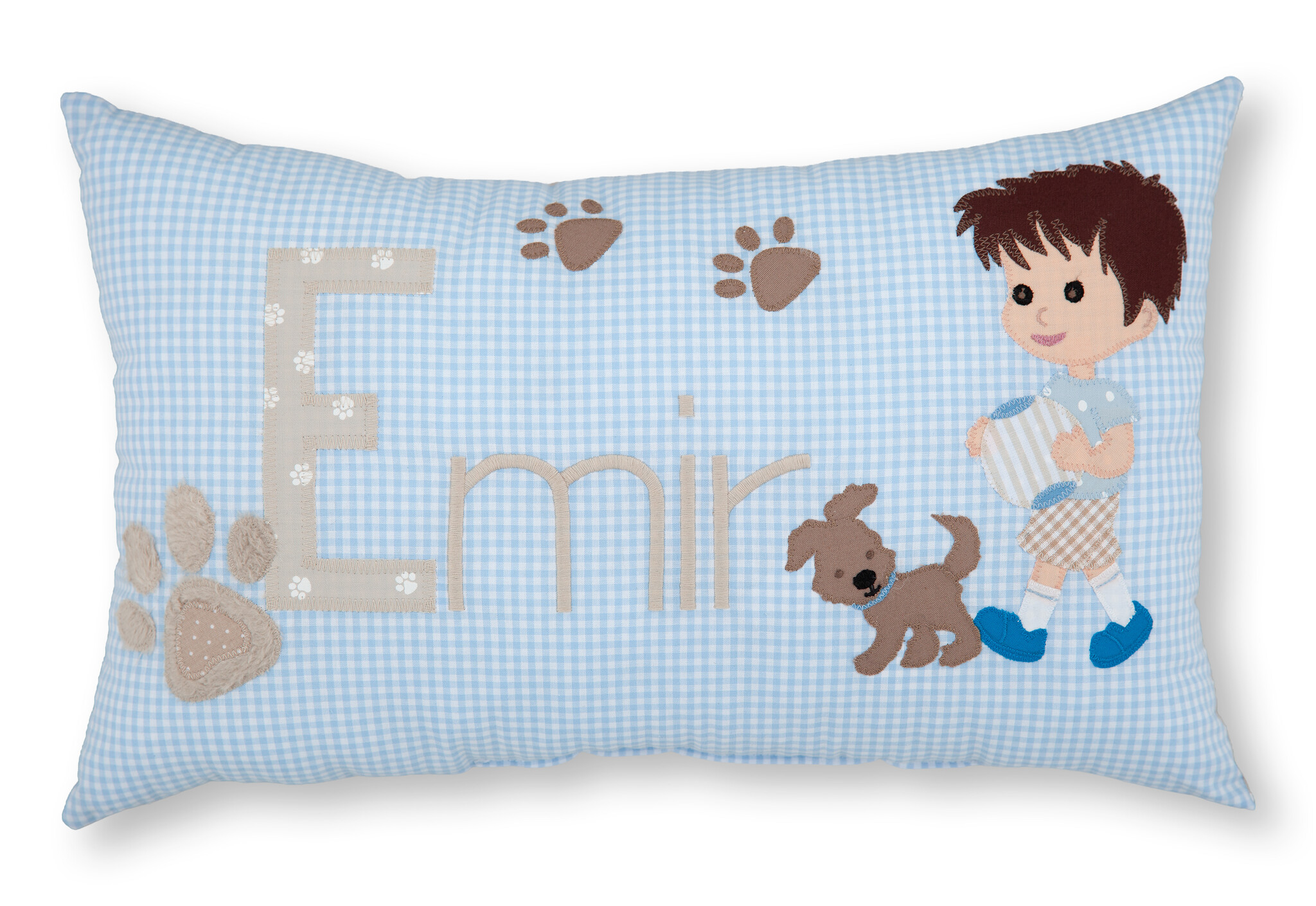 crêpes suzette Personalisiertes Namenskissen in hellblau kariert mit kleinem Jungen, Hund und Pfoten I Geschenk zur Geburt, Taufe oder Geburtstag