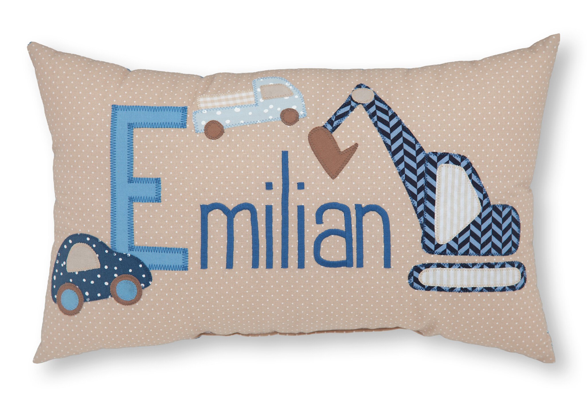 crêpes suzette Personalisiertes Namenskissen in beige mit Bagger, Autos und Baustellenmotiv I Geschenk zur Geburt, Taufe oder Geburtstag