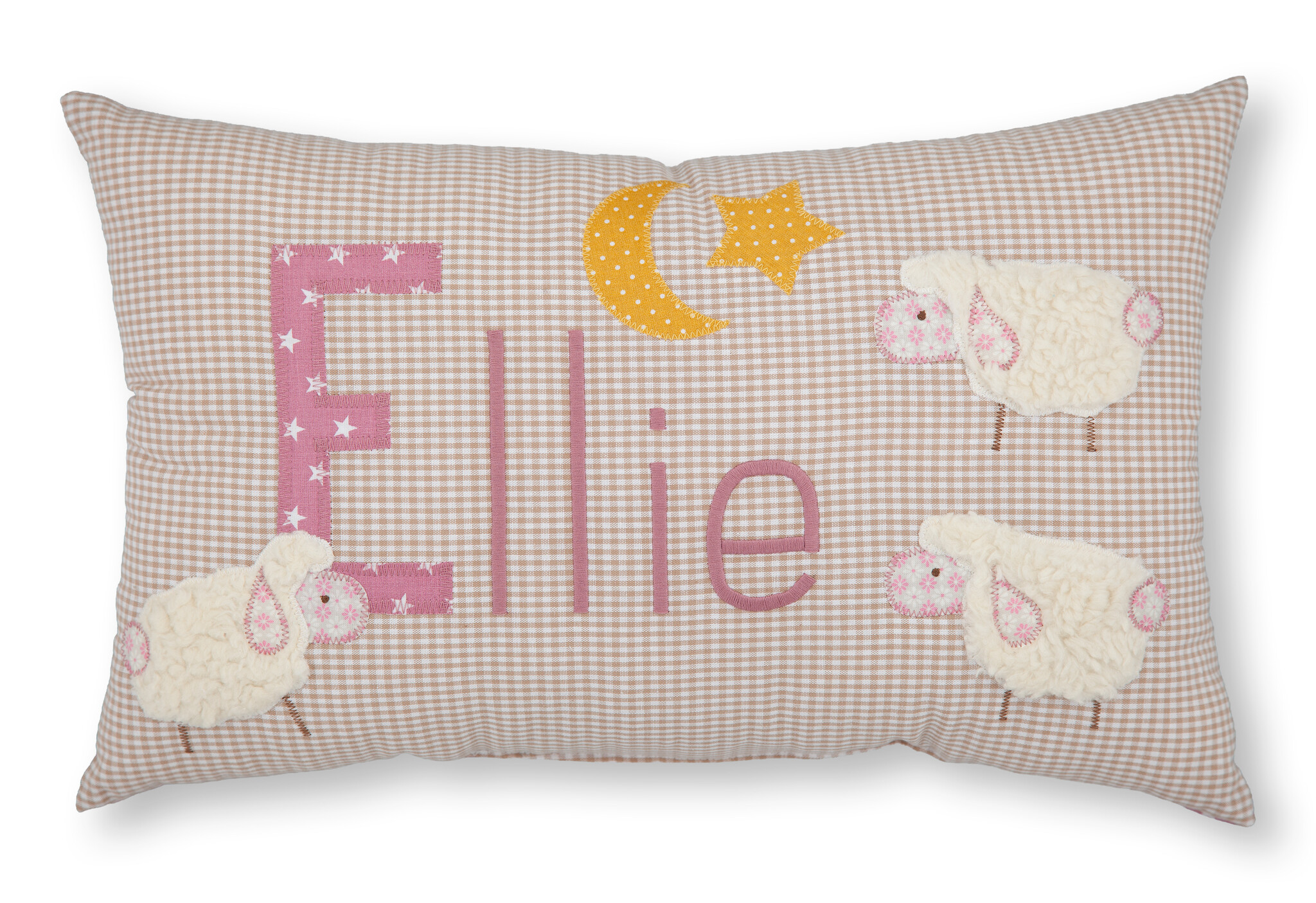 crêpes suzette Personalisiertes Namenskissen in beige kariert mit Schafe, Mond und Sterne I Geschenk zur Geburt, Taufe oder Geburtstag