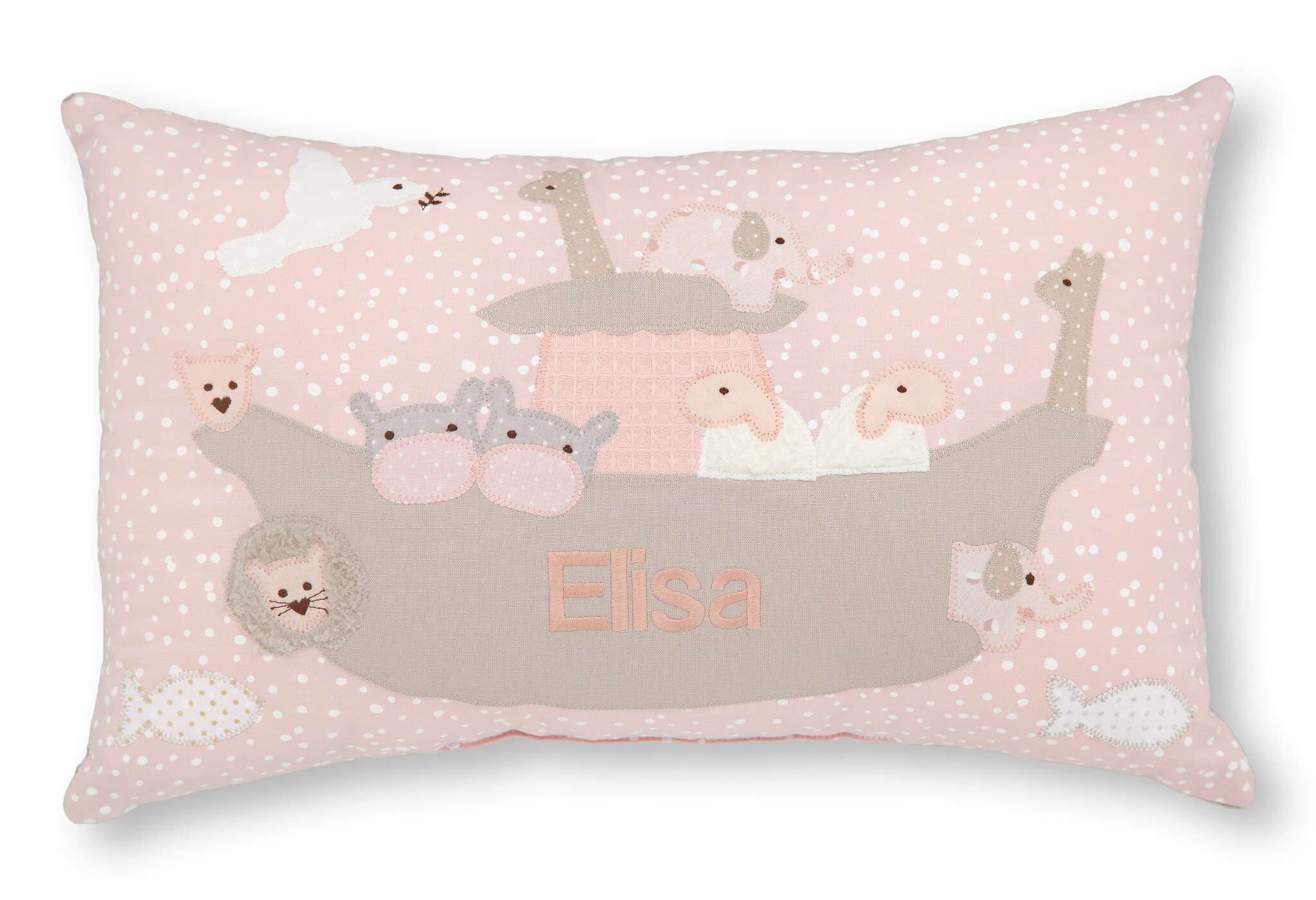 crêpes suzette Personalisiertes Namenskissen in rosa mit Arche mit Giraffe, Nilpferd, Löwe und Taube I Geschenk zur Geburt, Taufe oder Geburtstag