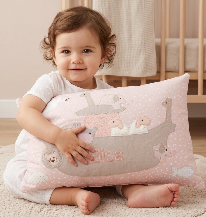 crêpes suzette Personalisiertes Namenskissen in rosa mit Arche mit Giraffe, Nilpferd, Löwe und Taube I Geschenk zur Geburt, Taufe oder Geburtstag