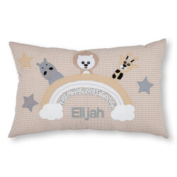 crêpes suzette Namenskissen I Regenbogen mit Nilspferd, Löwe und Giraffe I Beige Kariert I mit Wunschnamen