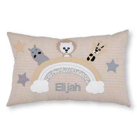 crêpes suzette Namenskissen I Regenbogen mit Nilspferd, Löwe und Giraffe I Beige Kariert I mit Wunschnamen