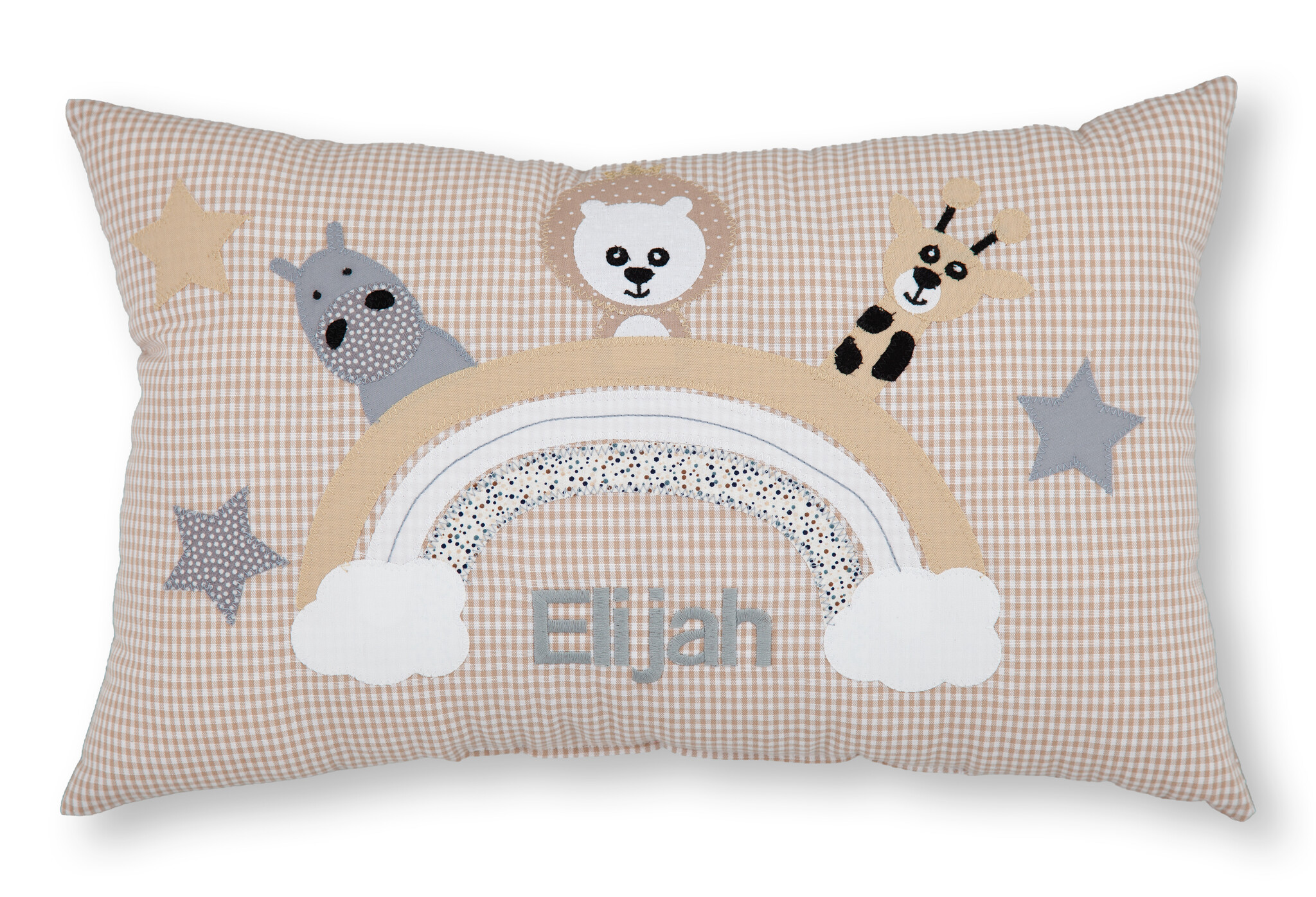 crêpes suzette Personalisiertes Namenskissen in beige kariert mit Regenbogen mit Nilpferd, Löwe und Giraffe I Geschenk zur Geburt, Taufe oder Geburtstag