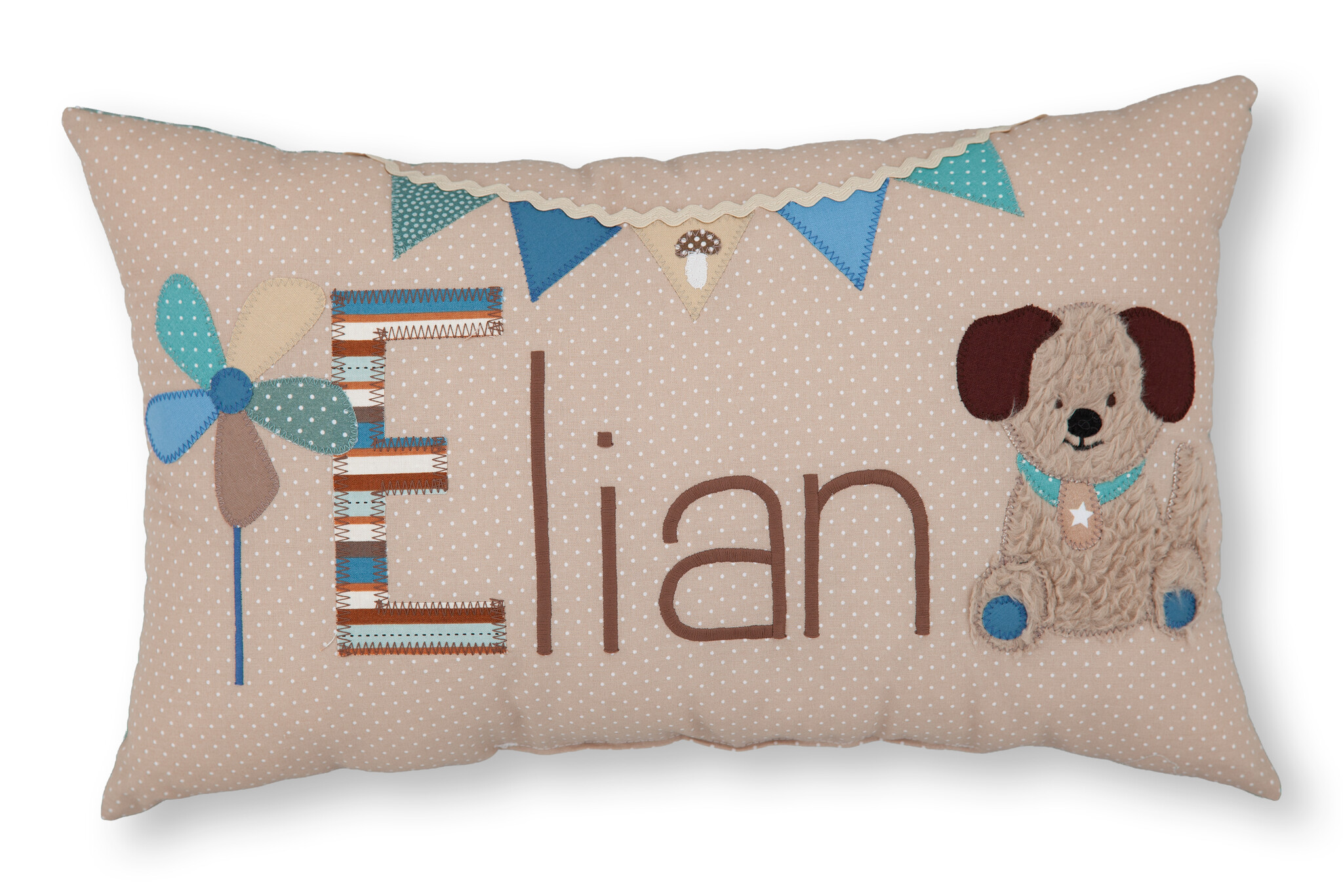 crêpes suzette Personalisiertes Namenskissen in beige mit Hund, Windrad und Wimpelkette I Geschenk zur Geburt, Taufe oder Geburtstag