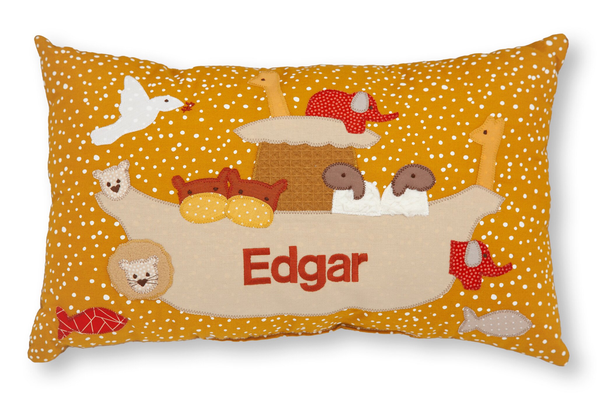 crêpes suzette Personalisiertes Namenskissen in senfgelb mit Arche mit Taube, Löwe, Giraffe, Schaf und weiteren Tieren I Geschenk zur Geburt, Taufe oder Geburtstag