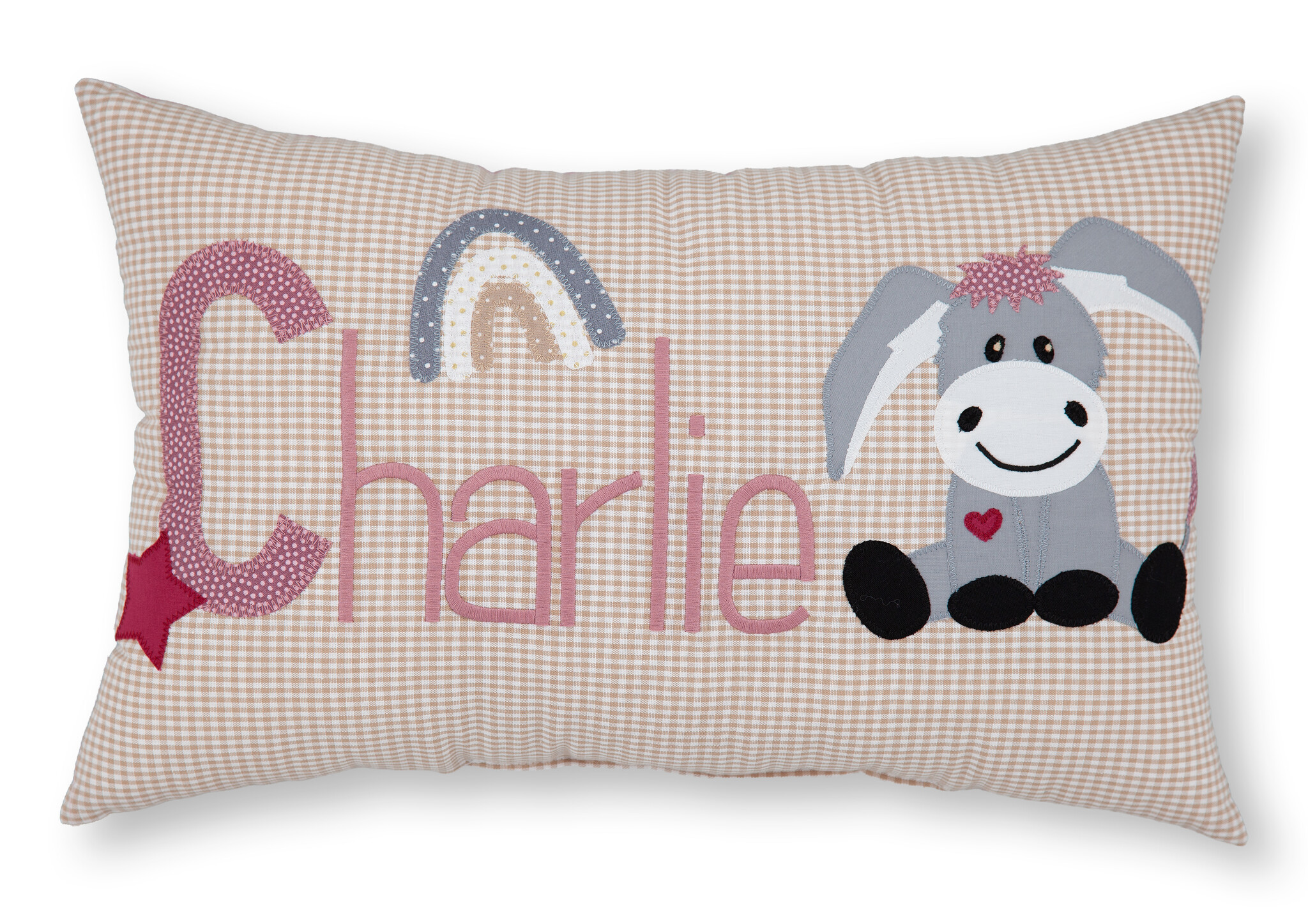 crêpes suzette Personalisiertes Namenskissen in Beige mit Esel, Regenbogen und Stern | Geschenk zur Geburt, Taufe oder zum Geburtstag