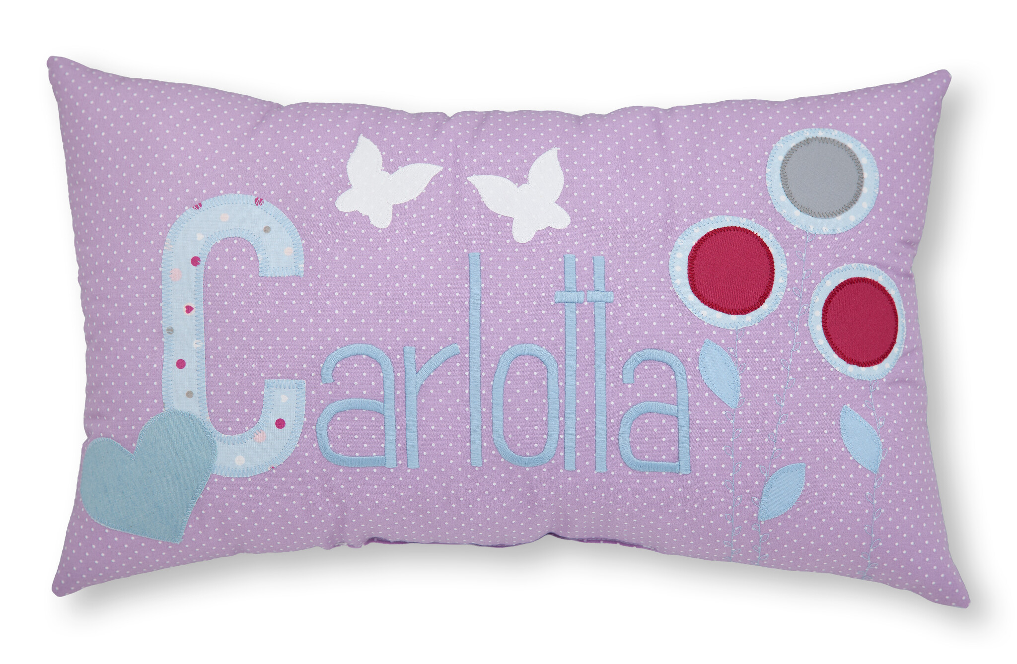 crêpes suzette Personalisiertes Namenskissen in Flieder mit Schmetterlingen und Blumen | Geschenk zur Geburt, Taufe oder zum Geburtstag