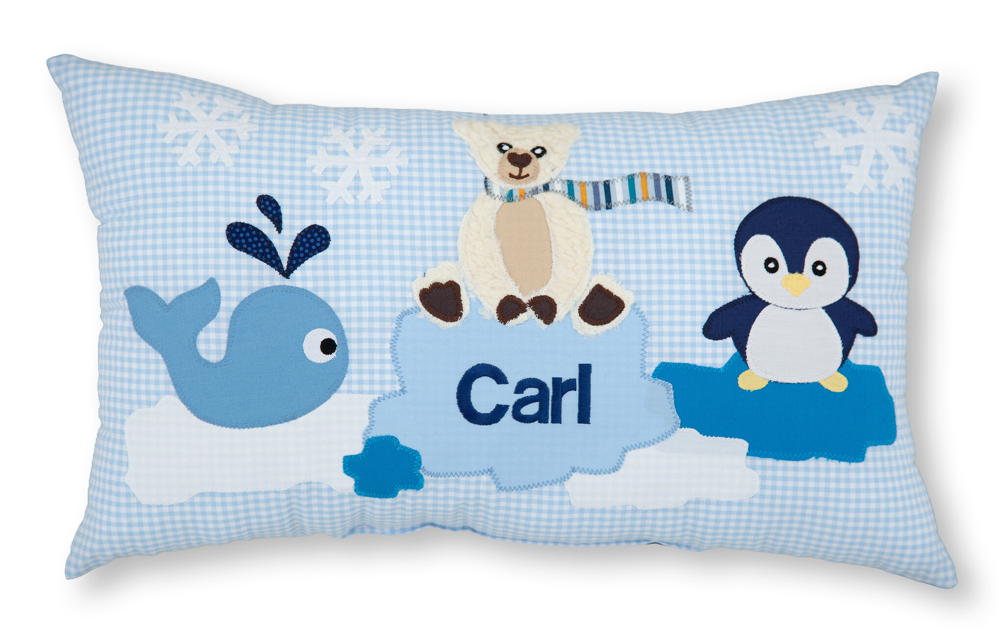 crêpes suzette Personalisiertes Namenskissen in Hellblau mit Wal, Eisbär und Pinguin | Geschenk zur Geburt, Taufe oder zum Geburtstag