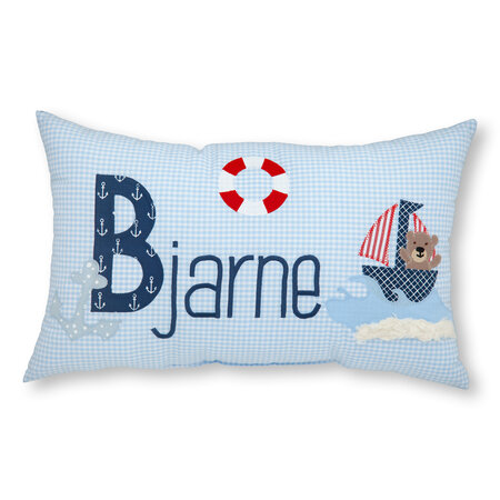 crêpes suzette Namenskissen Anker, Rettungsring, Segelboot und Wellen I Hellblau I mit Wunschnamen