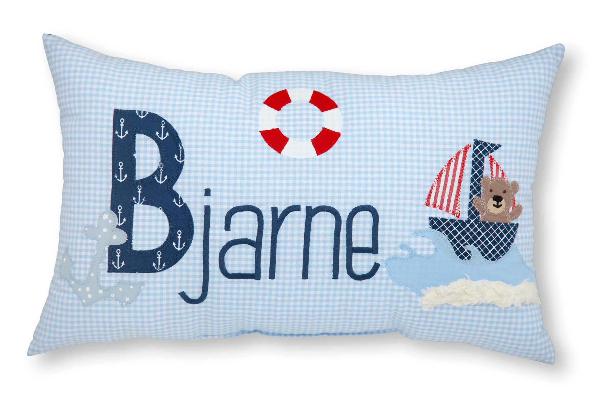 crêpes suzette Personalisiertes Namenskissen in Hellblau mit Rettungsring und Segelboot | Geschenk zur Geburt, Taufe oder zum Geburtstag