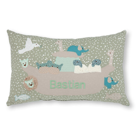 crêpes suzette Namenskissen Arche Noah mit Löwe, Nilpferd, Giraffe und Fischen I Salbeigrün I mit Wunschnamen