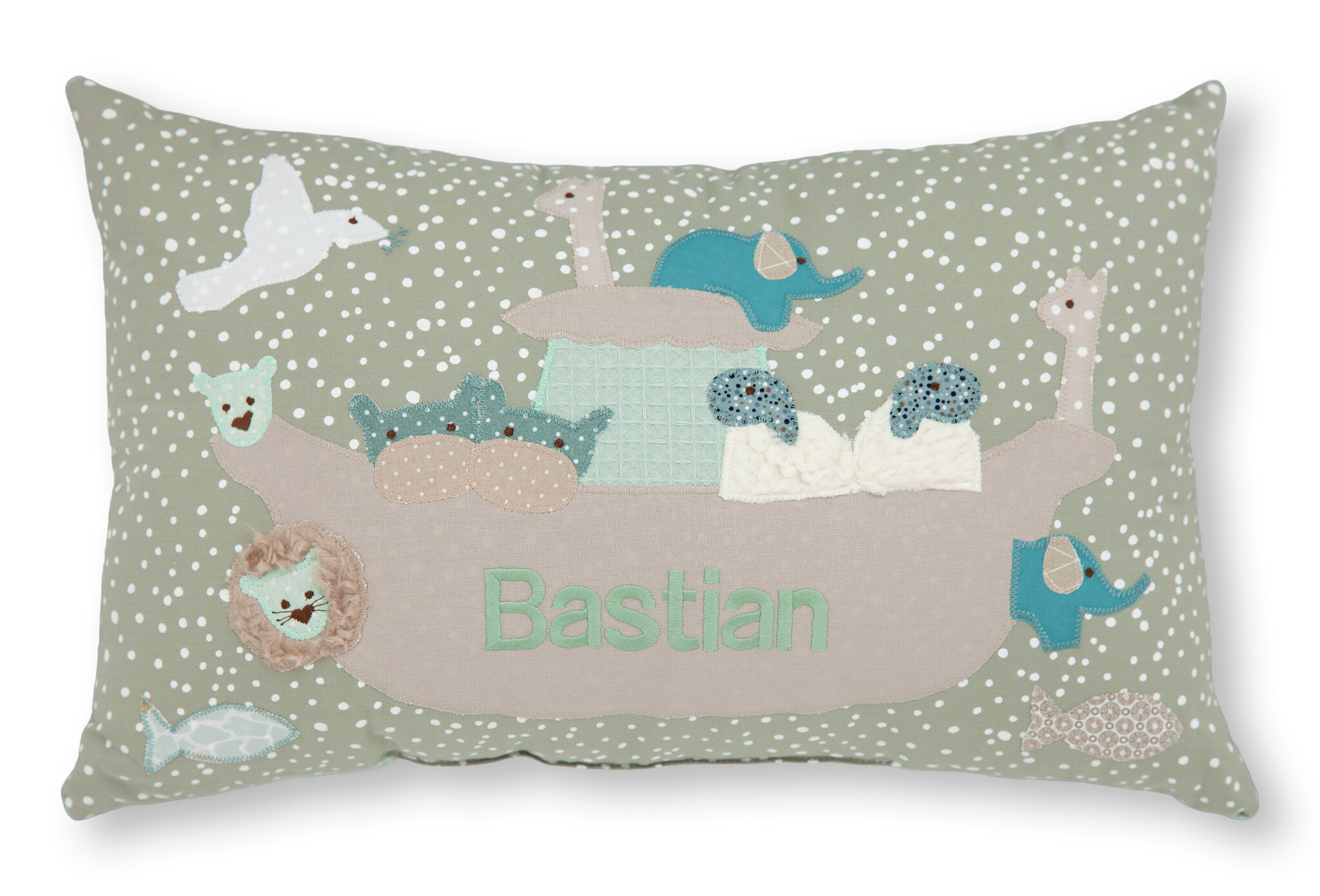 crêpes suzette Personalisiertes Namenskissen in Salbeigrün mit Tierboot | Geschenk zur Geburt, Taufe oder zum Geburtstag