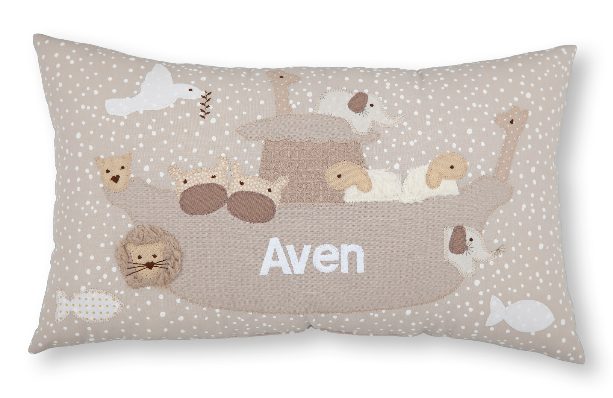 crêpes suzette Personalisiertes Namenskissen in Beige mit Arche, Löwe, Elefant und Taube | Geschenk zur Geburt, Taufe oder zum Geburtstag