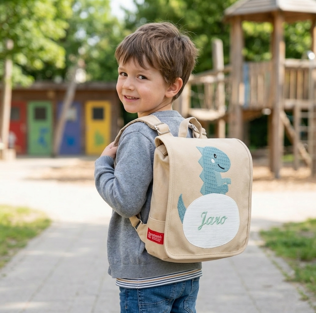 crêpes suzette Kindergartentasche mit Namen bestickt Motiv: Dino