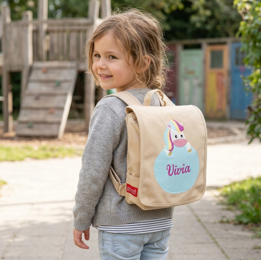 crêpes suzette Kindergartentasche mit Namen bestickt Motiv: Einhorn