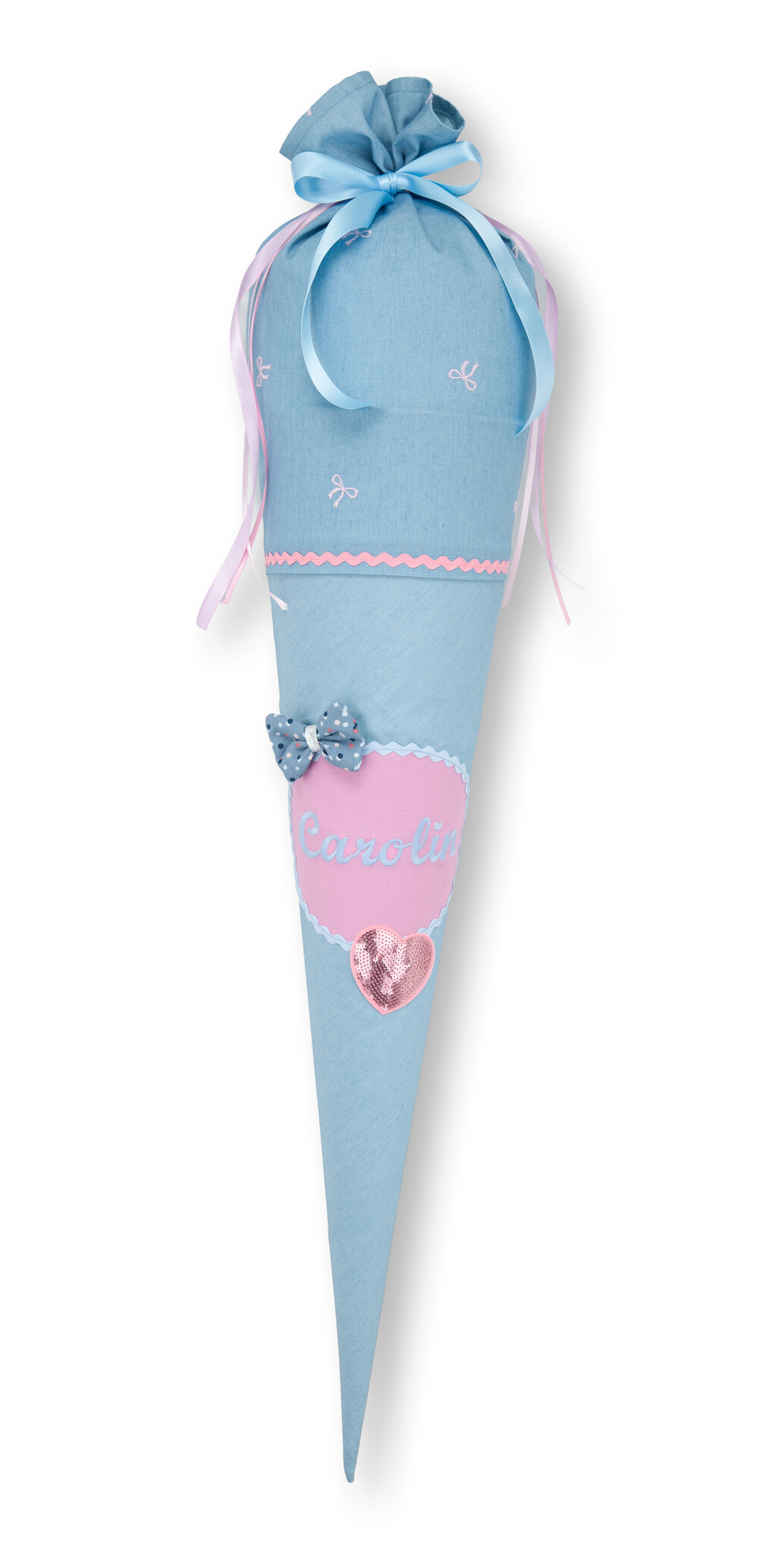 crêpes suzette Schultüte aus Stoff | Schleife & Herz | Farben Hellblau und Rosa – Variante: mit Wunschnamen