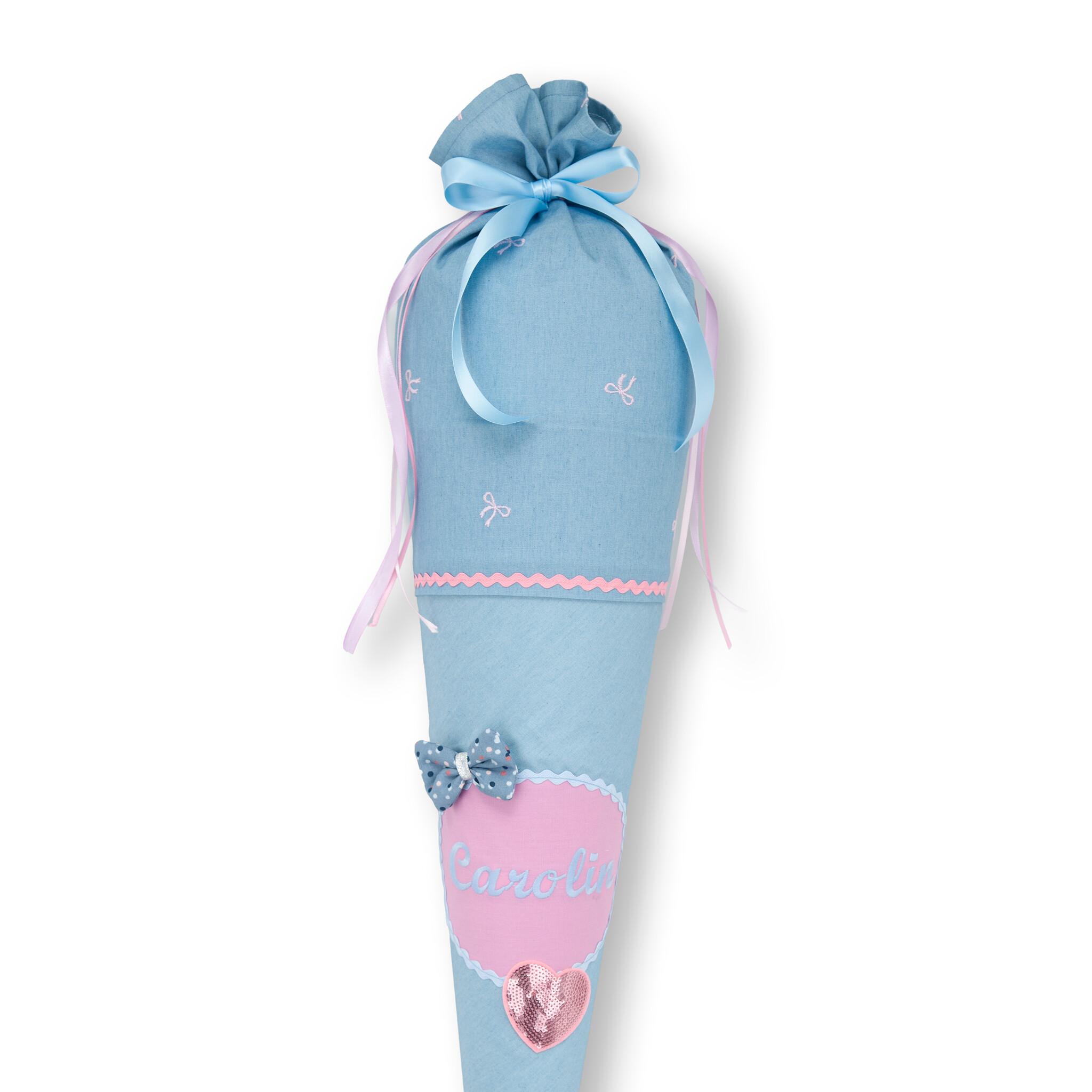 crêpes suzette Schultüte aus Stoff | Schleife & Herz | Farben Hellblau und Rosa – Variante: mit Wunschnamen