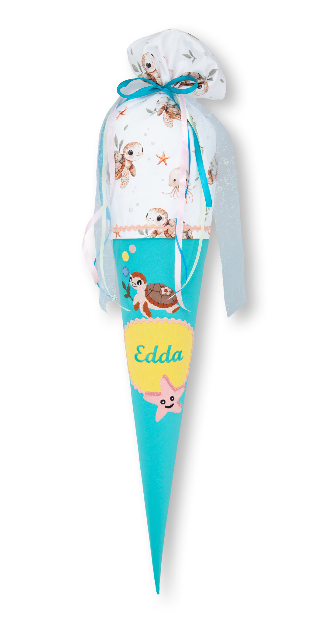 crêpes suzette Schultüte aus Stoff Unterwasser | Farben Türkis, Weiß und Pastellgelb – Variante: mit Wunschnamen